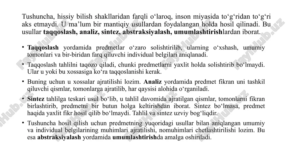 il, alohida mavjud bo‘lgan predmetlarni aks ettiradi. “davlat”, “badiiy asar” ana shunday tushunchalardir. nisbatdosh tushunchalar esa zaruriy ravishda bir-birining mavjud bo‘lishini taqozo qiladigan predmetlarni aks ettiradi. masalan, “o‘qituvchi” va “o‘quvchi”, “ijobiy qahramon” va “salbiy qahramon”, “sabab” va “oqibat” tushunchalari nisbatdosh tushunchalar qatoriga kiradi. ba’zi hollarda ijobiy va salbiy tushunchalar ham farq qilinadi. ijobiy tushunchalarning mazmunida predmet unga xos belgilar orqali fikr qilinsa, salbiy tushunchalarning mazmunida predmet unga xos bo‘lmagan belgilar orqali fikr qilinadi. masalan, “savodli kishi”, “vijdonli kishi” – ijobiy tushunchalar, “savodsiz kishi”, “vijdonsiz kishi” esa salbiy tushunchalardir. taqqoslanadigan tushunchalar umumiy belgilarga ega bo‘lgan, mazmuni va hajmi jihatidan bir-biriga yaqin turgan tushunchalardir. masalan, “paxtakor” va “dehqon” tushunchalari ana shunday taqqoslanadigan tushunchalar hisoblanadi. taqqoslanmaydigan tushunchalar esa bir-biri bilan uzoq aloqada bo‘lgan, ko‘p hollarda moddiy yoki ideal bo‘lishdan boshqa umumiy belgiga ega bo‘lmagan predmetlarni aks ettiruvchi tushunchalardir. “ijtimoiy progress” va “zuhro yulduzi”, “ideal gaz” va “go‘zallik” tushunchalari taqqoslanmaydigan tushunchalar hisoblanadi. mantiqda faqat …