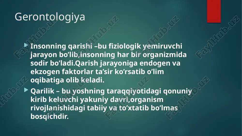qisqa va to‘kis qismida (ko‘k va qizil rangda) aniqroq aks etadi. psixogerontologik nuqgai nazardan sezish vaqgini tad qilgan e.n.sokolov, e.i.boyko, a.r.luriya sezish vaqti yosh davrining informatsion stimul funksiyasidan boshqa narsa emas, deya xulosa chiqaradilar. ular sezish vaqgining egri chiziqli ko‘rsatkichlarini sxema tarzida ishlab chiqib, keksalik davriga xos ikkita xususiyatni chuqur tahlil qildilar. xuddi shunga o‘xshash ma’lumotlar d.birron, d.botvinnik tajribalarida ham olingan. arestotel qarish bu-insonning yoshligidan boshlab berilgan issiqlikning asta- sekin kamayishidir deb izoh qoldirgan va u inson hayot davrlarini 3 bosqichga bo’ladi. yoshlik kamolot keksalik qarishning birinchi ta’riflari antic davrga to’g’ri keladi.miloddan avvalgi 3 asrda gepokrat qarishni tabiiy issiqlikni kamayishi va tananing qarishi deb ta’riflaydi. bundan 30 ming yil avval 2 ta an’ana bo’lgan misrda: qarilik bu boshqa davrlardan eng foydalisi,keksa odam xudoga yaqin bo’lgan odamdir. spartada: qari bo’lgandan ko’ra uysiz it bo’lgan yaxshi.zaif ,foydasiz, qarilarni jardan uloqtirishgan. agetizm muammo paydo bolsa: 1. o’zimiz echim axtarib ko’ramiz 2. yaqinlarimizdan yordam …