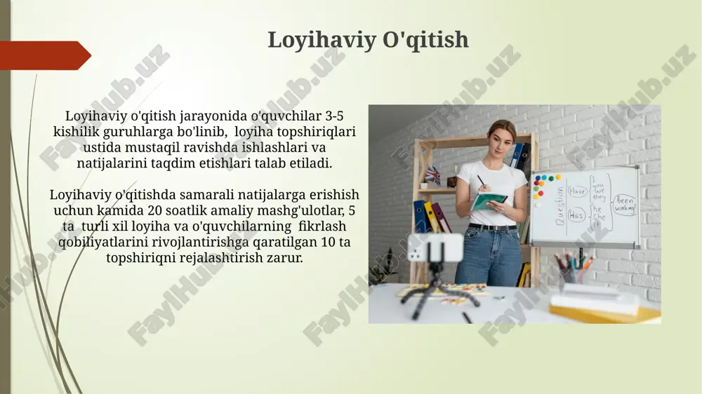 zamonaviy texnologiyalar yordamida o'quvchilarning mustaqil fikrlash qobiliyatini rivojlantirish va murakkab mavzularni 3-4 marta tezroq tushunish imkoniyati yaratiladi. pedagogning innovatsion faoliyatining mohiyati innovatsion faoliyatning samaradorligi, o‘quvchilarning bilim olish darajasining 15% ga oshishi va ularning faol ishtirok etish darajasining 20% ga yuksalishi orqali baholanadi. pedagogik innovatsiyalar, o‘qituvchilarning kamida 30% ini yangi pedagogik texnologiyalarni qo‘llashga jalb qilish orqali o‘quv jarayonini modernizatsiya qilishni nazarda tutadi. ijodiy yondashuvlar “ijodiy yondashuvlar” metodologiyasini qoʻllagan pedagoglar oʻquvchilarning 70% dan ortigʻida bilimlarni egallash darajasining oshganini kuzatadilar. ijodkor pedagoglar oʻquv jarayoniga kamida 3 ta yangi texnologiya yoki dasturni joriy qilib, oʻquvchilarning faol ishtirokini taʼminlaydilar. samarali hamkorlik “samarali hamkorlik” metodikasi 5 dan ortiq pedagoglarning birgalikdagi loyihalar ustida ishlashini, o'quv jarayonini 30% ga samaradorligini oshirishini ko'rsatadi. “samarali hamkorlik” strategiyasiga asoslangan 4 ta asosiy bosqichli dars rejasi, o'quvchilarning faol ishtirokini ta'minlaydi va bilim egallash darajasini 25% ga yuqorilatadi. interaktiv o'qitish metodlari o'yinlashtirish elementlaridan foydalanish, virtual va kengaytirilgan reallik texnologiyalari bilan birgalikda, o'quv jarayonini …