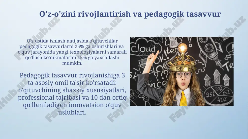 vvur nima? ushbu tasavvur o’quv jarayonini 5 ta muhim omil (o’quv materiali, o’quvchi, o’qituvchi, atrof-muhit va texnologiyalar)ni hisobga olgan holda loyihalash va individuallashtirish imkonini beradi. kasbiy pedagogik tasavvur, o’qituvchiga kamida 4 xil o’quv uslubini (masalan, hamkorlikda o’rganish, loyiha usuli, muammoli o’rganish va boshqalar) samarali qo’llashga va o’quvchilarda mustaqil fikrlashni rivojlantirishga yordam beradi. muammoli vaziyatlarni hal qilishda pedagogik tasavvur pedagogik tasavvur, 20 dan ortiq o'quvchi bo'lgan sinfda individual yondashuvni amalga oshirishda, har bir o'quvchining ehtiyojlarini hisobga olgan holda, 5 dan ortiq turdagi ta'lim usullarini muvaffaqiyatli qo'llashga imkon yaratadi. muammoli vaziyatlarni hal qilishda pedagogik tasavvur o'qituvchiga 3 ta yondashuvni – diagnostik, prognostik va korreksionni – bir vaqtning o'zida qo'llash imkonini beradi, bu esa muammoni samarali hal qilishga yordam beradi. zamonaviy texnologiyalar va pedagogik tasavvur zamonaviy texnologiyalar, masalan, vr/ar texnologiyalari, o'quv jarayonini 3d modellashtirish orqali boyitadi va talabalarning 70% gacha faol ishtirokini ta'minlaydi, pedagogik tasavvurni kengaytiradi. sun'iy intellekt (ai) asosidagi baholash tizimlari, individual …