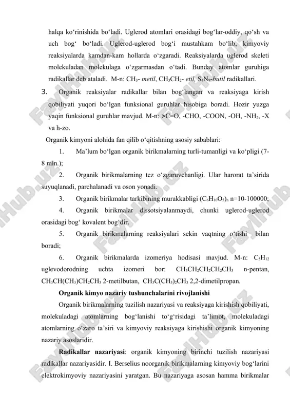 ta’limot, molekuladagi atomlarning o‘zaro ta’siri va kimyoviy reaksiyaga kirishishi organik kimyoning nazariy asoslaridir. radikallar nazariyasi: organik kimyoning birinchi tuzilish nazariyasi radikallar nazariyasidir. i. berselius noorganik birikmalarning kimyoviy bog‘larini elektrokimyoviy nazariyasini yaratgan. bu nazariyaga asosan hamma birikmalar qarama-qarshi ionlardan tashkil topgan va ular o‘zaro elektrostatik tortilib turadi. organik birikmalarda ionlarning o‘rnida radikallar bo‘lib, bu radikallar reaksiyalarda bir moddadan ikkinchisiga o‘zgarmasdan o‘tadi. m-n: c6h5-soon, c6 h5-cho, c6 h5-сoсl. ammo keyinchalik radikallar nazariyasi inqirozga uchradi, ya’ni organik birikmalarning vodorodi o‘rniga xlor va boshqa guruhlarni almashtirish mumkinligi aniqlandi. m-n: ch3н ( ch3сl tiplar nazariyasi: organik birikmalar tiplar bo‘yicha sinflashtiriladi. m-n: ch3soon, сlch2сooн bir tipga kiradi. keyinchalik ammiak tipi topildi: unitar nazariya. tiplar nazariyasi unitar nazariya bilan to‘ldirildi. hamma organik birikmalar ma’lum tip birikmalar vodorod atomlarini radikallarga almashinishidan hosil bo‘ladi. asosiy tiplar quyidagilar: bu nazariyalar izomeriya hodisasini tushuntira olmaydi. organik birikmalarning tuzilish nazariyasi rus olimi a.m.butlerov 1861 yilda tuzilish nazariyasini yaratdi. nazariyaning ikki xil ta’rifi …