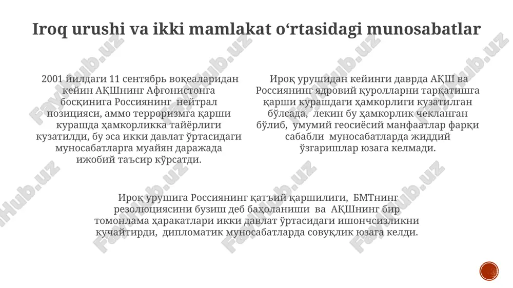 qilgani ikki davlat o'rtasidagi ishonchsizlikni oshirdi. xxi asr boshida, 2001-yilgi 11-sentabr terroristik hujumlari aqsh va rossiya o'rtasidagi hamkorlikni, xususan, terrorizmga qarshi kurashda, vaqtinchalik kuchaytirdi, biroq bu hamkorlik uzoq davom etmadi. 2002-yilda moskva teatrida terroristlar tomonidan garovga olinganlarning ozod qilinishi jarayonida ikki davlat o'rtasida ma'lum darajada hamkorlik kuzatilsa-da, strategik farqlar va manfaatlar to'qnashuvi munosabatlarning asosiy muammosi bo'lib qoldi. qurol nazorati va strategik barqarorlik 2002 йилда имзоланган стрт битими ядровий қуролларни камайтириш бўйича россия ва ақш ўртасидаги муҳим келишув бўлиб, 1550-1675 та жанговар ядровий зарба бериш воситаларига чеклаш белгиланган эди. 2000-йиллар бошларидаги стратегик барқарорликка ракетага қарши мудофаа тизимларининг ривожланиши жиддий таҳдид солди, бу ҳарбий балансни бузиши мумкин эди ва ракеталарни йўқ қилишга қаратилган ҳаракатларни кучайтирди. ақш ва россия ўртасидаги қурол назорати бўйича музокаралар 2000-2010 йиллардаги даврда кўп марта тўхтаб қолди, натижада келишувларга эришиш мураккаблашиб, икки томонлама ядровий таҳдидларни янада кучайишига олиб келди. ikki tomonlama hamkorlik va kelishmovchiliklar 2000-yillarning boshlarida aqsh va rossiya …