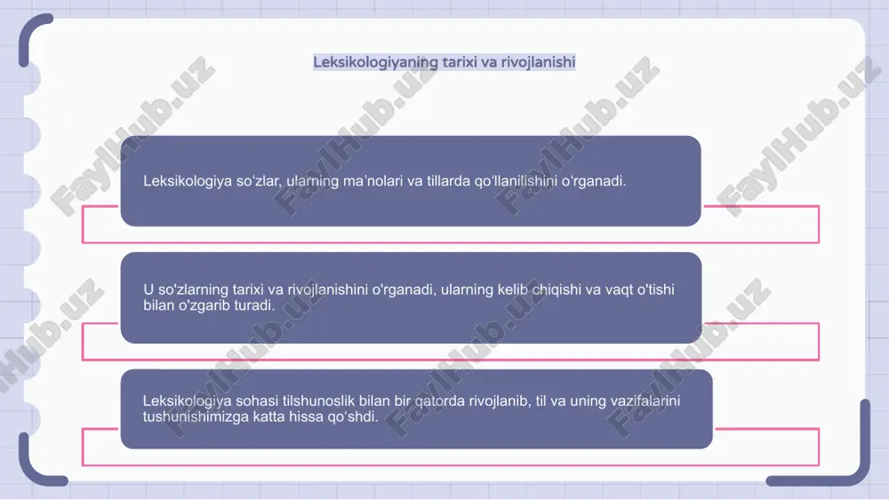 afiya, tarjima, hisoblash tilshunosligi va tabiiy tilni qayta ishlashda qoʻllaniladi. til o‘qitishda leksikologiya lug‘at, so‘z yasalishi va semantikani tushunish va o‘rgatishda yordam beradi. leksikografiyada leksikologiya lug‘atlarni tuzish va yangilash, keng qamrovli va ishonchli ma’lumotnomalar bilan ta’minlash uchun ishlatiladi. e'tiboringiz uchun rahmat