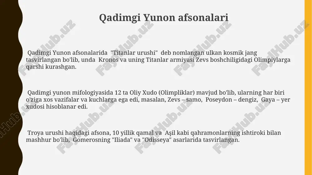 ar va tabiiy hodisalar bilan bogʻliq. qadimgi misr afsonalari "osirisning o'limi va tirilishi" afsonasi, o'lim va qayta tug'ilish tsiklining ramzi sifatida, 3000 yildan ortiq davom etgan qadimgi misr madaniyatiga chuqur ta'sir ko'rsatgan. qadimgi misr mifologiyasida 20 dan ortiq xudolar mavjud bo'lib, ularning har biri o'ziga xos kuch va vazifalarga ega edi, masalan, quyosh xudosi ra yoki o'lim xudosi anubis. qadimgi misrliklar 4 ta asosiy qismdan iborat dunyoqarashga ega edilar: yer, osmon, yer osti va nil daryosi, bu tushunchalar ko'plab afsonalar va e'tiqodlarga asos bo'lgan. xitoy afsonalari afsonaviy imperator xuangdi davrida (taxminan 2697-2597 yillar avval) xitoyda sehr-jodu, sehrgarlik va immortallikka oid ko'plab rivoyatlar paydo bo'lgan. xitoy afsonalarida 12 ta hayvon yili mavjud bo'lib, har bir yil ma'lum bir hayvon bilan bog'liq va insonlarning fe'l-atvoriga ta'sir ko'rsatadi deb ishoniladi. xitoy mifologiyasida 5 ta muhim element mavjud: yog'och, olov, tuproq, metall va suv, bu elementlar kosmos va insonning o'zaro ta'sirini ifodalaydi. avstraliya aborigenlarining …