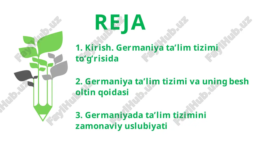 akkur ustaxonasi” deb atashadi. boshlang‘ich ta’limda dastlabki 2 yil mobaynida o‘quvchilar baholanmaydi. o‘qituvchilar baho o‘rniga bolaning individual rivojlanish holati xususida hisobot tayyorlaydi va o‘zlashtirish tavsifnomasi beriladi. germaniyada maktabgacha ta’lim muassasalari davlat tizimiga kirmaydi. bolalar bog‘chasi xayriya jamg‘armalari, mahalliy hokimiyat hamda cherkov vasiyligida faoliyat yuritadi. shu bilan birga korxona va tashkilotlar ham o‘z bog‘chasiga ega bo‘lishi mumkin. maktabgacha ta’lim tizimi 3 yoshdan 6 yoshgacha bo‘lgan bolalarni qamrab oladi. hali aqlini tanib ulgurmagan bolalarda o‘z fikrini ifodalash, tengdoshlari va kattalar bilan muloqot qilish qobiliyatini shakllantirish, ularni boshlang‘ich ta’limga tayyorlashda bog‘chalarning o‘rni katta. shu bois ham olmonlar bog‘chalarni "tafakkur ustaxonasi” deb atashadi. tafakkur ustaxonasi bepul va majburiy talim germaniya konstitutsiyasiga muvofiq, maktab ta’limi davlat nazoratidadir. mamlakatda 16 ta federal hududlar mavjud bo‘lsa, ularning har biri o‘zining ta’lim to‘g‘risidagi qonuniga ega. shu sababli federal hududlarning maktab ta’lim tizimida ayrim farqlar bor. masalan, aksariyat hududlarda boshlang‘ich ta’lim 4 yil (birinchi sinfdan to‘rtinchiga qadar), poytaxt berlinda …