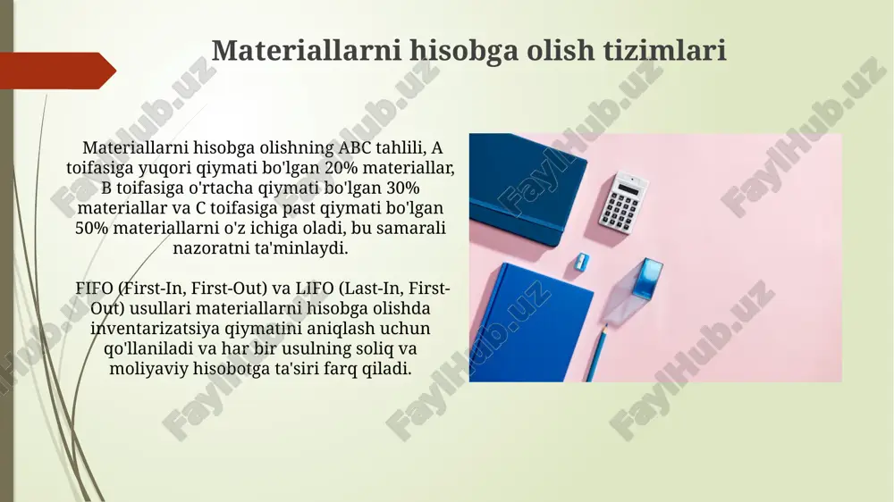 sifati bo'yicha kamida 2 nusxada tuziladigan qabul qilish aktlari (№789), keyinchalik materiallar hisobi va inventarizatsiyasi uchun asosiy hujjatlar hisoblanadi. materiallar hisobi hujjatlari, masalan, talabnomalar (№123, 456), qabul qilish aktlari va materiallar harakatini aks ettiruvchi boshqa 5 turdagi hujjatlar, inventarizatsiya natijalari bilan birgalikda materiallar balansini aniqlashga xizmat qiladi. materiallar hisobi xatolarini tuzatish materiallar hisobining noto'g'ri yozilishi oqibatida yuzaga kelgan 5000 so'm miqdoridagi qarzdorlikni tuzatish uchun kredit hisob raqamiga debet yozuvi kiritiladi va tegishli hisob raqamlarida tuzatishlar amalga oshiriladi. materiallar hisobida aniqlangan 10% dan ortiq xatoliklarni tuzatish uchun korreksiya yozuvlari qo'llaniladi, bu esa hisobot davrida inventarizatsiya natijalarini aks ettiradi va moliyaviy hisobotlarning aniqligiga ta'sir qiladi. materiallarni yo'qotish va shikastlanishini hisobga olish materiallar yo'qotilishi va shikastlanishiga oid hisobotlarda 5% dan ortiq farq aniqlansa, sabablarni tahlil qilish va tegishli choralarni ko'rish zarur, chunki bu iqtisodiy zararlarga olib kelishi mumkin. yo'qotishlar va shikastlanishlarni aniqlash uchun, har oyda kamida 1 marta inventarizatsiya o'tkazish va 1000 dan …