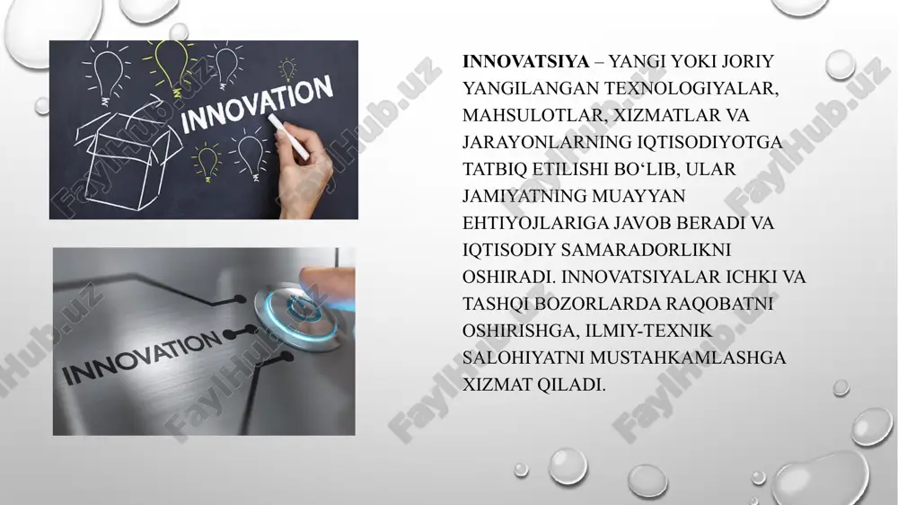 xizmat qiladi. ta'lim va inson kapitali rivoji ta'lim tizimini modernizatsiya qilish: innovatsion siyosat yangi texnologiyalar va raqamli imkoniyatlarni ta’lim tizimiga tatbiq etishni ko‘zda tutadi. bu esa kelajakdagi kadrlar uchun zamonaviy ko‘nikmalarni egallash imkonini beradi. stem sohalarini rivojlantirish: fan, texnologiya, muhandislik va matematika (stem) yo‘nalishidagi ta’lim dasturlari qo‘llab-quvvatlanadi, bu esa innovatsion bilim va ko‘nikmalarni oshiradi. kasbiy malaka oshirish: innovatsion iqtisodiyotda raqobatbardosh kadrlar tayyorlash uchun kasbiy malaka oshirish dasturlari tashkil qilinadi. tadbirkorlik va startap ekotizimlarini qo‘llab-quvvatlash startaplarni rivojlantirish va qo‘llab-quvvatlash: innovatsion siyosat startap loyihalarni moliyalashtirish, inkubatsiya qilish va ko‘maklashishni o‘z ichiga oladi. bu esa yangi texnologiyalar asosida rivojlanayotgan startaplar uchun imkoniyatlar yaratadi. innovatsion tadbirkorlikni rag'batlantirish: innovatsion g‘oyalarni muvaffaqiyatli biznesga aylantirish uchun davlat tomonidan grantlar va soliq imtiyozlari kabi rag‘batlar taqdim etiladi. xalqaro hamkorlik va investitsiyalarni jalb qilish: innovatsion siyosat tadbirkorlarni xalqaro miqyosda hamkorlik qilishga undaydi va xorijiy investorlarni jalb qiladi, bu esa global miqyosda raqobatbardoshlikni oshiradi. davlatning innovatsion siyosati davlat iqtisodiyoti va …