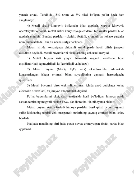 ar pardasi bilan qoplash mumkin. bunday pardalar - oksidli, fosfatli, xromatli va hokazo pardalar nomi bilan ataladi. ular bir necha sinfga bo’linadi. metall sirtida korroziyaga chidamli oksid parda hosil qilish jarayoni oksidlash deyiladi. metall buyumlarini oksidlashning uch usuli mavjud. 1) metall buyum sirti yuqori haroratda organik moddalar bilan oksidlantiriladi (qoraytiriladi, ko’kartiriladi va hokazo). 2) metall buyum (mno2, k2o7 kabi) oksidlovchilar ishtirokida konsentrlangan ishqor eritmasi bilan suyuqlikning qaynash haroratigacha qizdiriladi. 3) metall buyumni biror elektrolit eritmasi ichida anod qutichaga joylab elektroliz o’tkaziladi, bu jarayon anodirlanish deyiladi. po’lat buyumlarini oksidirlash natijasida hosil bo’ladigan himoya parda asosan temirning magnitli oksion fe3o4 dan iborat bo’lib, nihoyatda zichdir. metall buyum sirtida fosfatli himoya pardalar hosil qilish uchun buyumli sulfat kislotaning temirli yoki marganesli turlarining qaynoq eritmasi bilan ishlov beriladi. natijada metallning sirti juda puxta suvda erimaydigan fosfat parda bilan qoplanadi. adabiyotlar 1. волцкий a.в., сергеевская e.с. teoрия металлургических процессов. -m.: meтaллургия, 1996. - 380 с. …