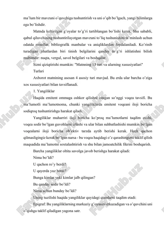 oshin: bu yangilikning birinchi xatboshisidir, bu erda asosiy narsa umumlashtiriladi. tana: nima bo’lganini ko’rib chiqing. taqdim etilgan ma’lumotlar eng muhim bo’lgan narsadan muhim bo’lmagan narsalarga o’tadi. 2. rasmiy xat uning asosiy maqsadi qabul qiluvchiga o’ziga tegishli bo’lgan ma’lumotlarni etkazishdir, ularga jiddiy munosabatda bo’lish kerak. odatda rasmiy xatlar ular shaxsan noma’lum bo’lgan yoki siz bilan do’stona munosabatda bo’lmagan odamlar uchun yozilgan va o’rtoqlik. bir nechta misollar keltirish uchun siz ushbu turdagi ma’lumotli matnni vakolatli organga yoki kompaniyaga yozishingiz mumkin. rasmiy xatlar fikrlarni, his-tuyg’ularni ifodalashi, harakatni oqlashi yoki boshqa odamga oddiygina voqealar majmuasini tasvirlashi mumkin. ushbu turdagi matnlarda hurmatli ohangni ko’rsatish juda muhimdir va ishlatilgan tilga g’amxo’rlik qiling. ular quyidagi tuzilishga amal qilishadi: u yozilgan sana va joy. sarlavha: kimning nomiga yozilganligi yoziladi. iltifotli va rasmiy tabrik. kirish: bu xatning birinchi xatboshisi va fosh qilinadigan narsalarning qolgan qismini tushunishga imkon beradigan ma’lumotlarni o’z ichiga oladi. asosiy qism: hodisa yoki mavzu haqidagi barcha …