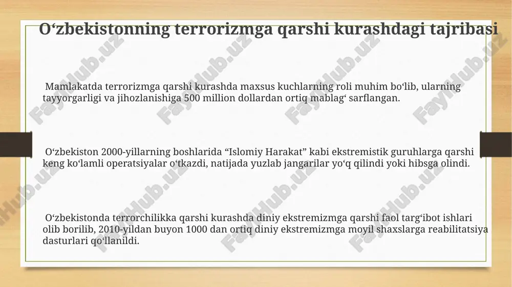 alqaro hamkorlik va mintaqaviy yondashuvlar ўзбекистоннинг 20 дан ортиқ давлат билан терроризмга қарши кураш бўйича икки томонлама ва кўп томонлама келишувлари мавжуд бўлиб, бу минтақавий хавфсизликни мустаҳкамлашга хизмат қилади. шанхай ҳамкорлик ташкилоти доирасидаги ҳамкорлик, жумладан, 10 дан ортиқ қўшма машғулотлар ва терроризмга қарши махсус операциялардаги тажриба алмашинуви, терроризмга қарши кураш самарадорлигини оширди. мдҳ доирасидаги терроризмга қарши кураш бўйича саъй-ҳаракатлар натижасида 500 дан ортиқ экстремистлар қўлга олинди ва транснационал жиноятчиликка қарши кураш кучайтирилди. e'tiboringiz uchun rahmat @taqdimot_robot image3.png image4.png