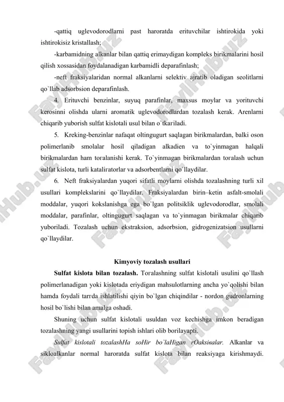 an amalga oshadi. shuning uchun sulfat kislotali usuldan voz kechishga imkon beradigan tozalashning yangi usullarini topish ishlari olib borilayapti. sulfat kislotali tozalashнa soнir bo`laнigan rоaksiвalar. alkanlar va sikloalkanlar normal haroratda sulfat kislota bilan reaksiyaga kirishmaydi. tutovchi sulfat kislotada ma`lum bir vaqtda saqlanib va yaxshi aralashtirilganda alkanlarni juda kam miqdorda yutadi. arenlar konsentratsiyasi nibatan yuqori bo`lmagan sulfat kislota bilan reaksiyaga kirishmaydi. ortiqcha miqdorda olingan konsetrlangan sulfat kislota va oleum arenlar bilan reaksiyaga kirishadi. bunda sulfat kislotada eriydigan sulfokislotalar va sulfonlar hosil bo`ladi: alkenlar bilan sulfat kislota birikish reaksiyalariga kirishadi. uchlamchi uglerod atomini saqlagan alkenlar bilan kislota eng oson reaksiyaga kirishadi. alkenlar bilan reaksiyaga kirishganda ikki turdagi mahsulotlar: nordon efirlar (alkilsulfat kislotalar, monoalkilsulfatlar) va o`rta efirlar (dialkilsulfatlar) hosil bo`ladi: nordon efirlar nibatan past haroratda hosil bo`ladi; ular kislotali xarakterga ega, suvda eriydi, ishqor bilan neytrallanganda tegishli tuzlarni hosil qiladi. neft fraksiyalarining sulfat kislotali toгalanishida hosil bo`lgan nordon efirlar nordon gudronda to`planadi, bu …