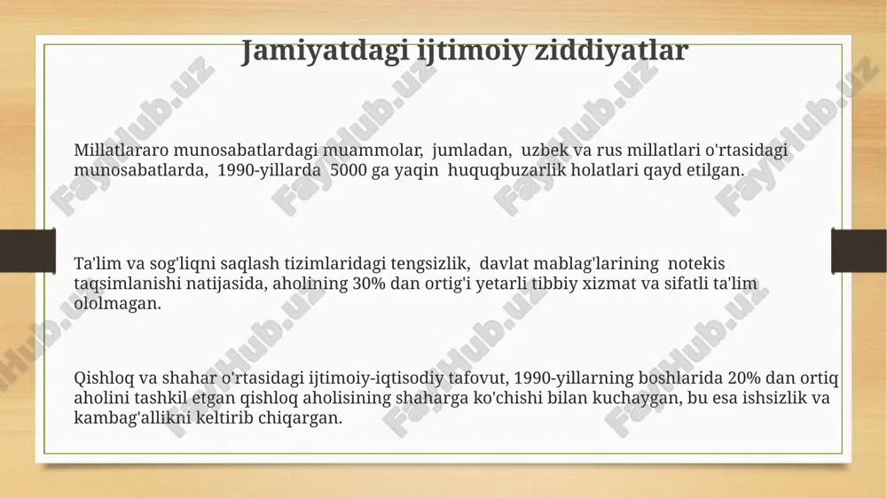 lat korxonalarining samaradorligi pastligi va texnologiyalarining eskirganligi "qayta qurish"ning iqtisodiy islohotlarini sekinlashtirdi, ya'ni o'sish sur'atlari kutganidan past bo'ldi. "qayta qurish" davrida paxta yetishtirishga haddan tashqari e'tibor qaratish oqibatida boshqa qishloq xo'jaligi tarmoqlari, jumladan, g'alla yetishtirish sezilarli darajada kamaydi, bu oziq-ovqat taqchilligini keltirib chiqardi. millatchiy va diniy tuygʻularning kuchayishi hukumatning sekulyar siyosatiga qarshilik sifatida, "qayta qurish" davrida diniy ta'lim muassasalarining soni sezilarli darajada ortdi, bu esa 50% ga yaqin o'sish bilan ifodalangan va millatchilik bilan birga diniy ekstremizm xavfini tug'dirdi. 1990-yillarning oxiri va 2000-yillarning boshlarida, "qayta qurish" davrida, islomga qiziqishning keskin oshishi va taxminan 1000 dan ortiq masjidning qayta tiklanishi kuzatildi, bu esa millatchilik va diniy tuyg'ularning kuchayishini ko'rsatdi. "qayta qurish" davrida, ayniqsa qishloq joylarida, an'anaviy qadriyatlar va urf-odatlarga qaytish kuchayib, 70% dan ortiq aholi o'zlarining millatchilik va diniy qarashlarini ochiq namoyon qilishdi, bu esa ijtimoiy tarangliklarni keltirib chiqardi. e'tiboringiz uchun rahmat @taqdimot_robot image3.png image4.png