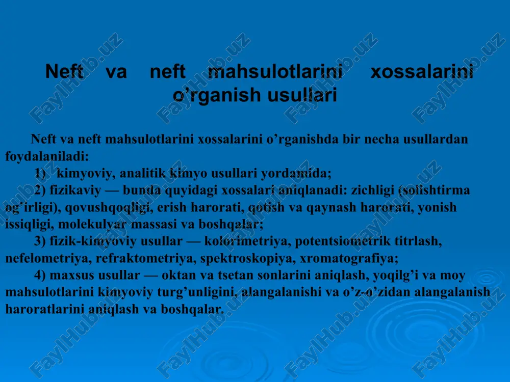 ssasi va qaynash haroratlarini oshishi bilan ko’tarilib boradi. to’g’ri zanjirli alkanlar kristalli tushish xususiyatiga ega, ko’p tarmoqli alkanlar bir necha alkil gruppalariga ega bo’lgan bir halkali alkanlar, aromatik uglevodorodlar va naftalin gomologlari kristallga tushmay amorf holatiga o’tadi. odatda harorat pasayishi bilan neft mahsulot quyuqlashadi va so’ngra kristallga tushadi. quyuqlashish jarayoni boshlanishi xavfli hisoblanadi, chunki bu vaqtda parafinlarning kristallari hali qattiq tusni olmagan bo’lishiga qaramay, neft mahsuloti o’zining harakatchanligini kamaytiradi, filtrlarga tiqilib qolishi va trubalarda probka hosil qilishi mumkin. shu sababli neft mahsulotlarini qotish haroratini bilish muhim ahamiyatga ega. o’t olish, alangalanish va o’z – o’zidan alangalanish harorati neft mahsulotini bug’lariga chetdan alanga olib kelinganda havodagi kislorod bilan yonuvchi aralashma hosil qiladigan haroratni o’t olish harorati deymiz. bu alanga qisqa muddatda yonib, keyin o’chadi. modda bug’larining ma’lum miqdordagi kontsentratsiyasigina havodagi kislorod bilan birga o’t oluvchi aralashma hosil qiladi. shu sababli moddaning kontsentratsiyasini yuqori va pastki chegaralari birligi qabul qilingan. aralashmada modda …