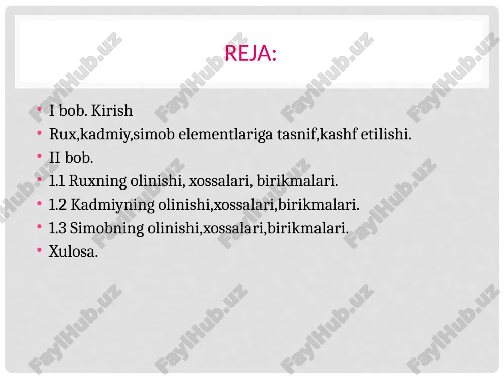ing jez si, 40% zn), tompak (90% si,10% zn), neyzelber (65% si, 20% va 15% ni) qotishmalari keng qoʻllanadi rux suyultirilgan nitrat kislotada erib, hno3 ni nh3 ga, konsentrlangan kislotada esa azotni oksidlariga qadar qaytaradi: 0 +5 +2 -3 4zn + 10hno3 = 4zn(no3)2 + nh4no3 + 3h2o suyul 0 +5 +2 +2 3zn + 8hno3 = 4zn(no3)2 + 4h2o + 2no kons 4zn + kno3 + 7koh +6h2o= 4k2[zn(oh)4] +nh3 rux oʻz birikmalarida 2 valentli. rux oksid zno va rux gidroksid zn(oh)2 amfoter xossaga ega. rux gidroksid ishqorlar bilan reaksiyaga kirishganida sinkatlar, mas, k2[zn(oh)2], kislotalarda erib rux tuzlarini hosil qiladi. rux pirometallurgiya va gidrometallurgiya usullari bilan olinadi. rux gidrid znh2 rux yodidga litiy alanat li[alh4] ta’sir ettirish natijasida hosil bo’ladi. 2zni2 + li[alh4] → 2znh2 + lii + ali3 u o’z xossalari bilan alyuminiy gidridga o’xshaydi. rux oksid zno ruxning havoda yonishidan hosil bo’lgan oq kukun holida bo’lib, qizdirilganda …
