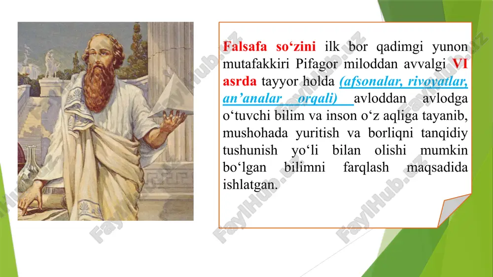 ish dunyoni sezish – bu o‘zini qurshagan dunyoni sezgilar yordamida hissiy idrok etishdir. bunda tuyg‘ular, kayfiyat dunyoni go‘yoki ranglarga bo‘yaydi, uning obrazini subyektiv, sof individual sezgilar orqali aks ettiradi. bundan dunyoni sezishning har xil, xususan optimistik, pessimistik, fojeaviy tiplari kelib chiqadi. dunyoni idrok etish – bu atrof borliqni ideal obrazlarda tasavvur qilishdir. dunyoni idrok etish to‘g‘ri yoki noto‘g‘ri bo‘lishi, ya’ni borliqqa mos kelmasligi mumkin. bu holda borliq noto‘g‘ri tasavvur qilinadi yoki illyuziyalar, suv parilari, alvastilar, kentavrlar haqidagi tasavvurlarga o‘xshash fantaziyalar paydo bo‘ladi. dunyoni tushunish – insonning va uni qurshagan dunyoning mohiyatini aniqlash, shuningdek tabiatda yuz beruvchi voqealar va jarayonlarning o‘zaro aloqalarini tushunishga qaratilgan aqliy-bilish faoliyatidir. dunyoni sezish va qisman (elementar shakllarda) dunyoni idrok etish nafaqat insonga, balki hayvonlarga ham xos bo‘lsa, dunyoni tushunish esa faqat odamlarga xos xususiyatdir dunyoqarashning tarixiy shakllari. mifologik dunyoqarash falsafiy dunyoqarash diniy dunyoqarash. mifologiya ya’ni afsonaviy dunyoqarash – kishilik jamiyati taraqqiyotining ilk bosqichida paydo bo‘lgan bo‘lib, …