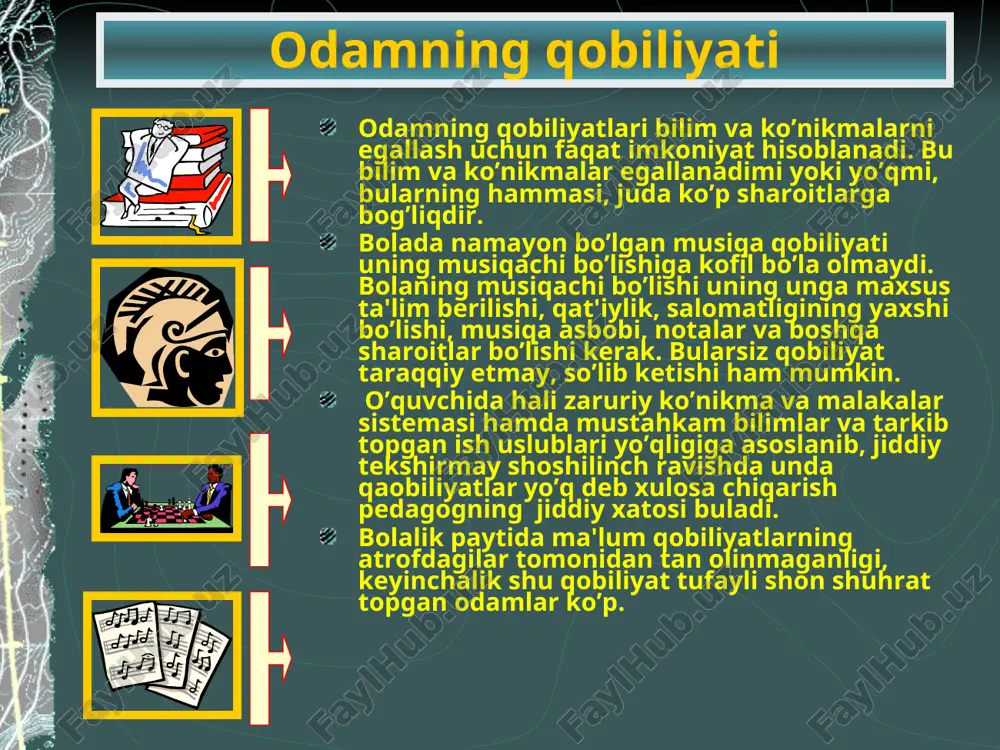 xs xususiyatlarining shunday yig‘indisidirki, u odamning biror faoliyatga o‘rgatish va uni takomillashtirishning muvaffaqiyatli bo‘lishini ta’minlaydi. «ishchi kuchi yoki har qanday mehnatga qobiliyat deganda, – deb yozadi k.k.platonov, – organizmda odamning jonli shaxsi egalik quluvchi hamda u tomondan doimo biror iste’mol qiymatini yaratishda ishga tushiriladigan jismoniy va ma’naviy qobiliyatlar yig‘indisini tushunamiz»1. qobiliyat xuddi xarakter singari shaxsning boshqa tuzilishlari bilan bir qatorda qo‘yilgan mustaqil bo‘lmay, balki uning turli xususiyatlarining ma’lum yig‘indisidir. qobiliyat turlari ifodalangan darajasi turlicha bo‘lsa-da, barcha odamlarga xos bo‘lgan sodda, umumiy qobiliyatlar bu psixik ko‘rinishning asosiy me’yorlari: sezish, idrok qilish, fikr yuritish, kechinma, qarorga kelish va uni amalga oshirish hamda esda qoldirish qobiliyatlaridir. barcha odamlarga xos bo‘lmagan elementar xususiy qobiliyatlar shaxsning ancha murakkabroq xususiy qobiliyatlari, masalan, ko‘z bilan chamalash, musiqaviy qobiliyat, tafakkurning tanqidiyligi, saxiy qalblik, sabotlilik, qat’iylik va shu kabilardir. murakkab va umumiy qobiliyatlar u yoki bu darajada barcha odamlarga xosdir. bular umuminsoniy faoliyat turlari: mehnat, o‘yin, o‘qish, bir-biri bilan …