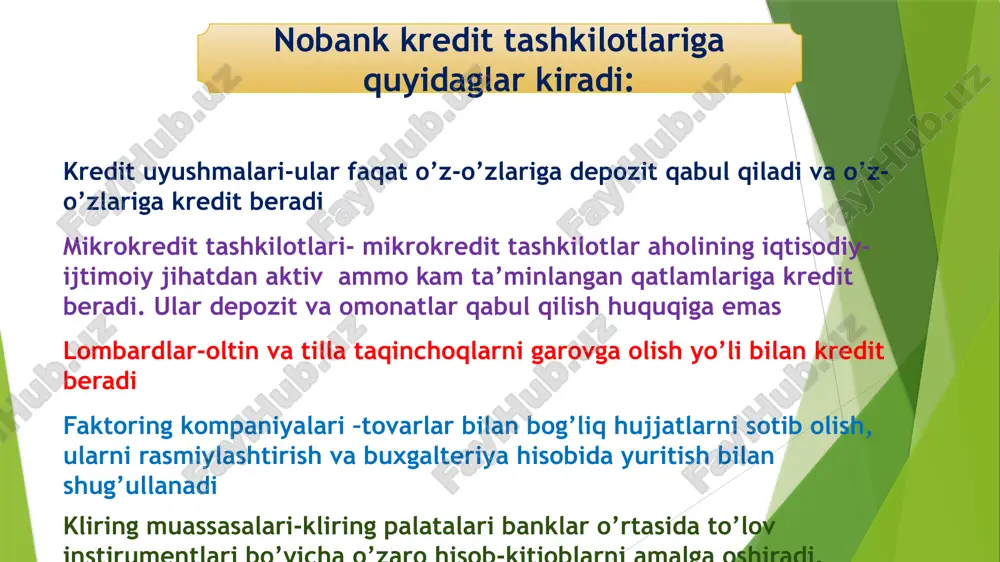 z faoliyati boshlanishi toʻgʻrisida xabarnoma yuborganidan keyin amalga oshirilishi koʻzda tutilmoqda. bundan tashqari, qonun loyihasida nobank kredit tashkilotlari faoliyatini ularning faoliyati tavakkalchiligidan kelib chiqib, mutanosib ravishda tartibga solish va nazorat qilish mexanizmi joriy etiladi, shuningdek, markaziy bankning ushbu yoʻnalishdagi funksiyalarini bajarish vakolatlari belgilab qoʻyilmoqda. shu bilan birga, qonun loyihasida koʻzda tutilgan qoidalarda nobank kredit tashkilotlari xizmatlari isteʼmolchilarining huquqlarini himoya qilish choralari kuchaytirilmoqda. xususan, qonunchilik darajasida nobank kredit tashkilotlarining ular koʻrsatadigan xizmatlar toʻgʻrisidagi maʼlumotlarini, shartnomalar shartlariga bir tomonlama oʻzgartirish yoki qoʻshimchalar kiritishni taqiqlash toʻgʻrisidagi talablarni, shuningdek, isteʼmolchilarning moliyaviy operatsiyalari toʻgʻrisidagi maʼlumotlarni oshkor qilmaslik majburiyatlari belgilanmoqda. passiv operatsiyalar - nobank moliya-kredit muassasalari ustav fondini shakllantirish va operatsiyalarni amalga oshirish uchun kerak bo’ladigan mablag’lar. aktiv operatsiyalar - nobank kredit uyushmalari bitta aktiv operatsiyaga kredit operatsiyasidir, ya’ni mikrokredit tashkilotlarining asosiy aktiv operatsiyasi bu kichik summada, past foiz stavkasida kredit berish operatsiyasidir. nobank moliya-kredittashkilotlarining aktiv va passiv operatsiyalari. umuman olganda, ushbu qonun loyihasining qabul qilinishi …