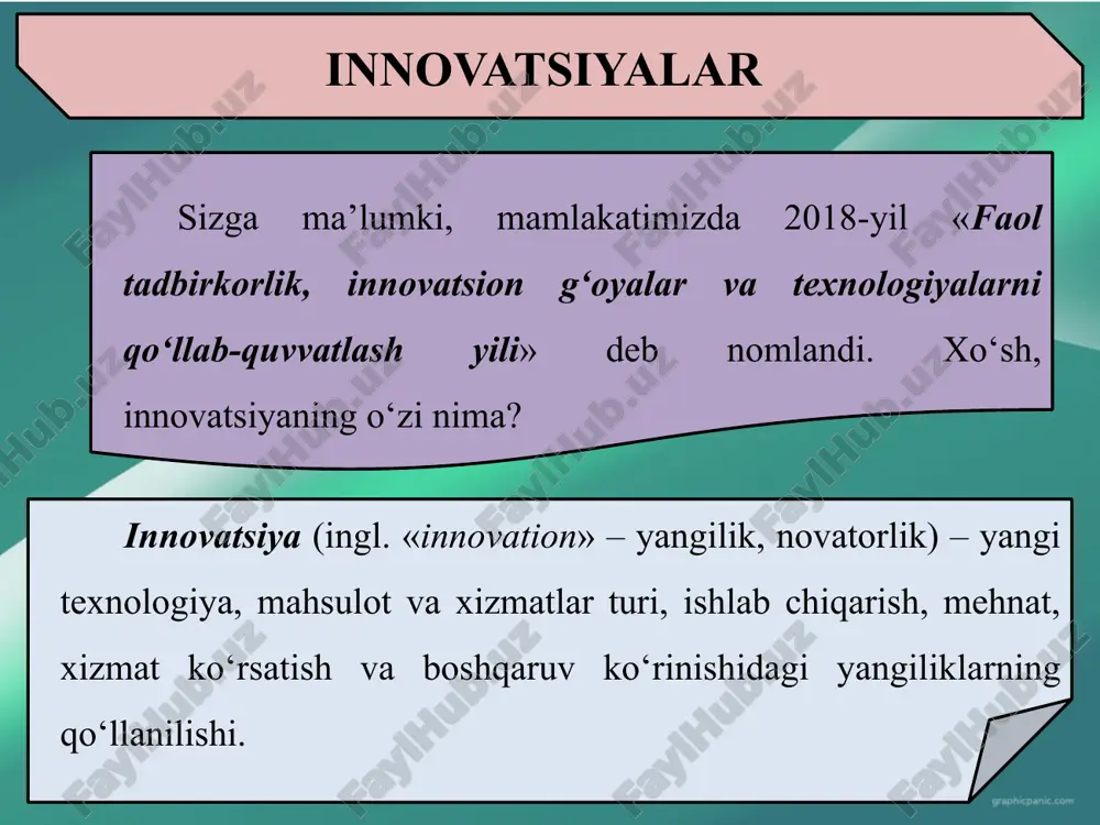 da tasavvur haqiqiy holatga ko‘ra ijobiyroq, yuqoriroq bo‘ladi va u yangi o‘zgarishlar qilishga undaydi; 3. jarayon ehtiyojlari asosidagi yangiliklar. siz biron-bir jarayonni kuzatib turib, bu yerda nimadir yetishmayotganligini his etasiz. uni to‘ldirish esa yangilikning yaratilishiga olib keladi; 4. faoliyat yo‘nalishingiz yoki mahsulot bozorida ro‘y beruvchi favqulodda o‘zgarishlar; 5) bilimdagi o‘zgarishlar. sizning biron-bir mahsulot yoki jarayon to‘g‘risida yangi ma’lumotga ega bo‘lishingiz darhol uni amaliyotga joriy etishga undaydi. bu esa yangi bilim asosida yangi mahsulot yoki xizmatlarga asos solinishiga olib kelishi mumkin. bilimingizni sinab ko‘ring! mamlakatimizda 2018-yilning «faol tadbirkorlik, innovatsion g‘oyalar va texnologiyalarni qo‘llab-quvvatlash yili» deb nomlanishiga sabab nima? innovatsiya so‘zining ma’nosi nima? korxonaning innovatsion faoliyati nimani anglatadi? korxonada innovatsion faoliyatni amalga oshirish natijasini qanday baholash mumkin? image1.jpeg image2.png image3.png image4.png image5.png image6.png image7.png image8.png /docprops/thumbnail.jpeg