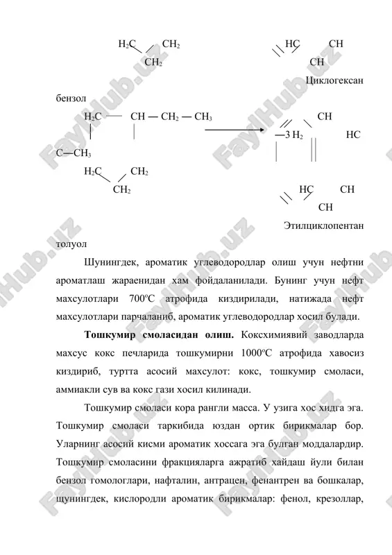 илан аник богланмаган ва улар нисбатан у еки бу йуналиш томон силжиши мумкин. хозирги тасаввурларга кура бензолда оддий ва кушбоглар йук,балки углерод атомлари орасида бог хосил килувчи элекронлар атомлар уртасида бир хил таксимланган.бензол молекуласи эса симметрик тузилишга эга.бензол халкасидаги углерод-углерод бог орасидаги масофа 0,140 нм га тенг.агар алканларда углерод атомлари орасидаги масофа 0,154 нм га,алкенларда 0,134 нм га тенглигини хисобга олсак,бензол халкасидаги углерод атомлари орасидаги боглар оддий бог хам,куш бог хам эмаслиги курина​ди. агарда бензол халкасини учта оддий с – с боги, учта с = с кушбоги ва олтита с – н богларидан иборат деб каралса, унинг хосил булиш энергияси 3.81 + 3.147 + 6.99 = 1278 ккал/моль га тенг булиши керак эди. лекин унинг хосил булиш энергияси 1.314 ккал/мольга тенгдир. бу ортикча 1314 – 1278 = 36 ккал/моль энергия электронларнинг делокалланиш энергиясидир. бу энергия бензол халкасининг резонанс энергияси хам дейилади. электрон булутларининг делокалланиши система баркарорлигини оширади. шу сабабли хам …