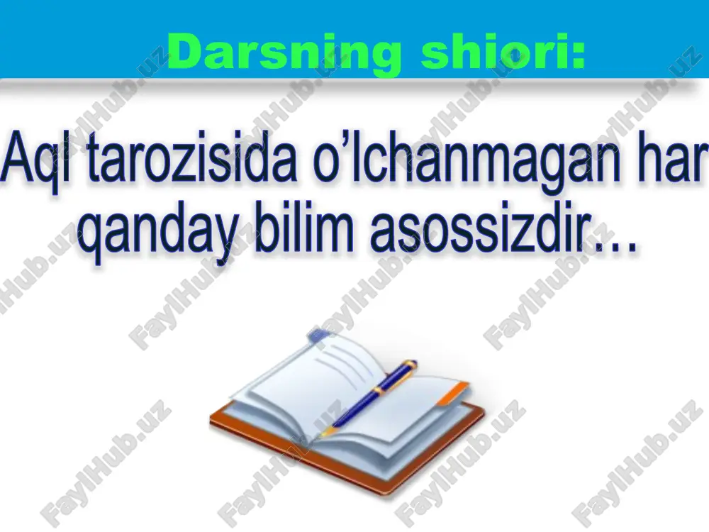 iriqlarni tekshiramiz. test mustaqillik yillarida samarqandning necha yilligi nishonlandi? a) 2750 yilligi atama mazmunini izohlang registon so’zining ma’nosi nima? registon (forscha) – tosh to’shalgan maydon degan ma’noni anglatadi savol “hatto mohir ustalari jahonga mashhur bo’lgan parijda ham bu ish juda go’zal bo’lar edi” so’zlarining muallifi kim? javob: ispaniya qirolligi elchisi gonzales de klavixo ortiqchasini top bu yerda ortiqcha javob minorayi kalon chunki shedor, tillakori va ulug’bek madrasalari samarqandda joylashgan. minorayi kalon esa buxoroda joylashgan mavzu: birinchi jahon urushi urushning sabablari. reja: urushning insoniyat uchun fojiali oqibatlari. urushning boshlanishi va uning natijalari. 1-reja:urushing sabablari fransiya buyuk britaniya rossiya aqsh “g’oyalar gilami” fikr almashamiz: jahon urushi deganda nimani tushunasiz? zulfiyaning “o’g’lim sira bo’maydi urush” she’ridan parcha urush noming o’chsin jahonda, hamon bitmas sen solgan alam. sen tufayli ko’p xonadonda, ota nomli buyuk shodlik kam. insoniyat bugungi kungacha ikkita jahon urushini boshidan kechirdi. ularning birinchisi 1914-yilda boshlanib, 1918-yilda tugadi. buyuk britaniya, fransiya va …