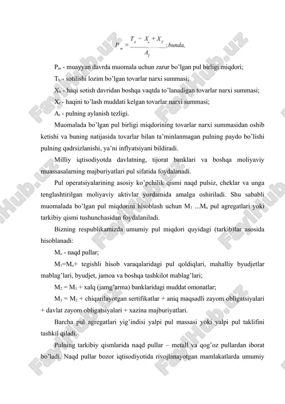 uchun pul kerak bo’ladi. shu barcha maqsadlar uchun zarur bo’lgan pul bitim uchun pulga talab deyiladi. bitim uchun zarur bo’lgan pul miqdori nominal yalpi milliy mahsulot (yamm) hajmi bilan aniqlanadi, ya’ni u nominal yamm ga mutanosib ravishda o’zgaradi. aholi va korxonalarga ikki holda bitim uchun ko’proq pul talab qilinadi: narxlar o’sganda va ishlab chiqarish hajmi ko’payganda. kishilar o’zlarining moliyaviy aktivlarini har xil shakllarda, masalan, korporatsiya aktsiyalari, xususiy yoki davlat obligatsiyalari shaklida ushlab turishi mumkin. demak, aktivlar tomonidan pulga talab ham mavjud bo’ladi. aktivlar tomonidan pulga talab foiz stavkasiga teskari mutanosiblikda o’zgaradi. foiz stavkasi past bo’lsa, kishilar ko’proq miqdordagi naqd pulga egalik qilishni afzal ko’radi. aksincha, foiz yuqori bo’lganda pulni ushlab turish foydasiz va aktivlar shaklidagi pul miqdori ko’payadi. shunday qilib, pulga bo’lgan umumiy talab, aktivlar tomonidan pulga bo’lgan talab va bitim uchun pulga bo’lgan talabning miqdori bilan aniqlanadi. 2. inflyatsiya, uning mohiyati va turlari. inflyatsiya makroiqtisodiy beqarorlikning ko’rinishlaridan biri hisoblanadi. …