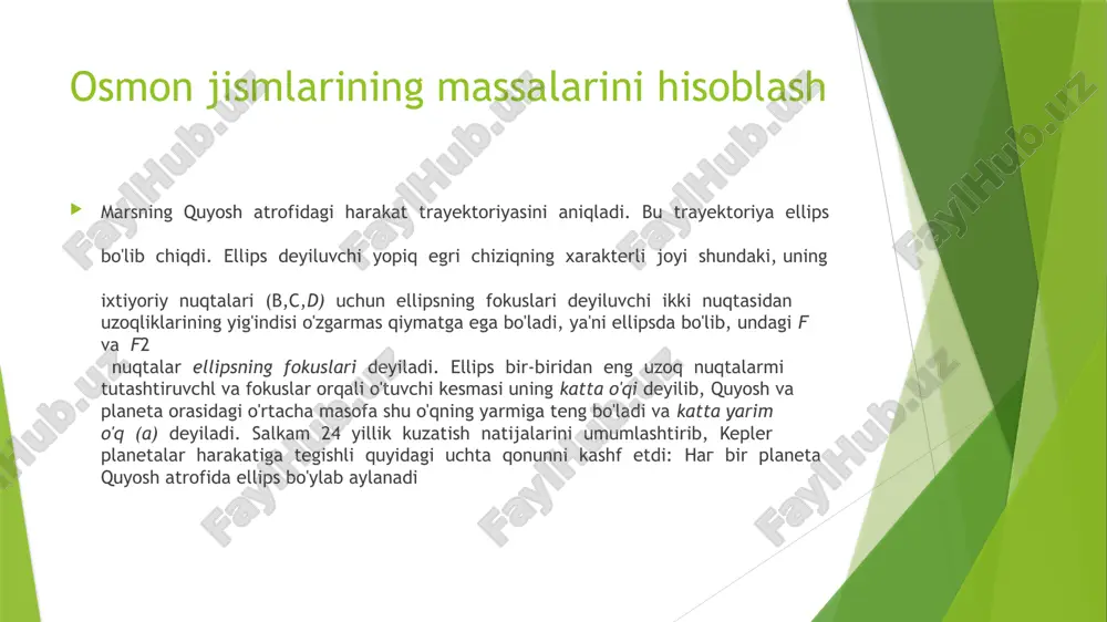 sh asosida, ularning umumiy massalarini hisoblashga imkon beradi. kepler oʻz qonunlari asosida sayyoralarning harakat jadvallarini tuzdi. bu jadvallar 1627-yilda "rudolf jadvallari" nomi bilan nashr qilindi. aniqligi yuqori darajada boʻlgan bu jadvallardan astronomlar amaliy astronomiyada 17-, 18-asrlar davomida keng foydalanishgan. k. q. osmon mexanikasi fanining paydo boʻlishi va taraqqiyotida muhim oʻrin tutadi. sutkalik paralakslar kuzatishdan sutkalik va yillik paralakslarni aniqlash faraz qilamizki m yoritgich osmon meridianidan o’tayotgan paytda bitta geografik meridianyushg ikkita o1 va o2 nuqtalardan turib z1 va z2 zenit masofalari o’lchangan bo’lsin. yana faraz qilamizki, har ikki kuzatish punkti yer meridianining shimoliy yarmida joylashgan bo’lib, har bir kuzatish joyidan zenitga nisbatan yoritgich janub tomonda ko’rinsin. quyosh sistemasi jismlarigacha bo‘lgan masofalarni aniqlash bizning quyosh sistemamizga kiruvchi jismlargacha (sayyoralar, oy, mayda sayyoralar va hokazo) masofalar trigonometrik parallaks deyiluvchi usul yordamida topiladi. +kuzatuvchiga nisbatan uzoq, ya’ni u borib bo‘lmaydigan nuqtalargacha masofani aniqlash geometriya kursidan bizga ma’lum. 2.3-rasmda a nuqtadan turib, daryoning narigi …