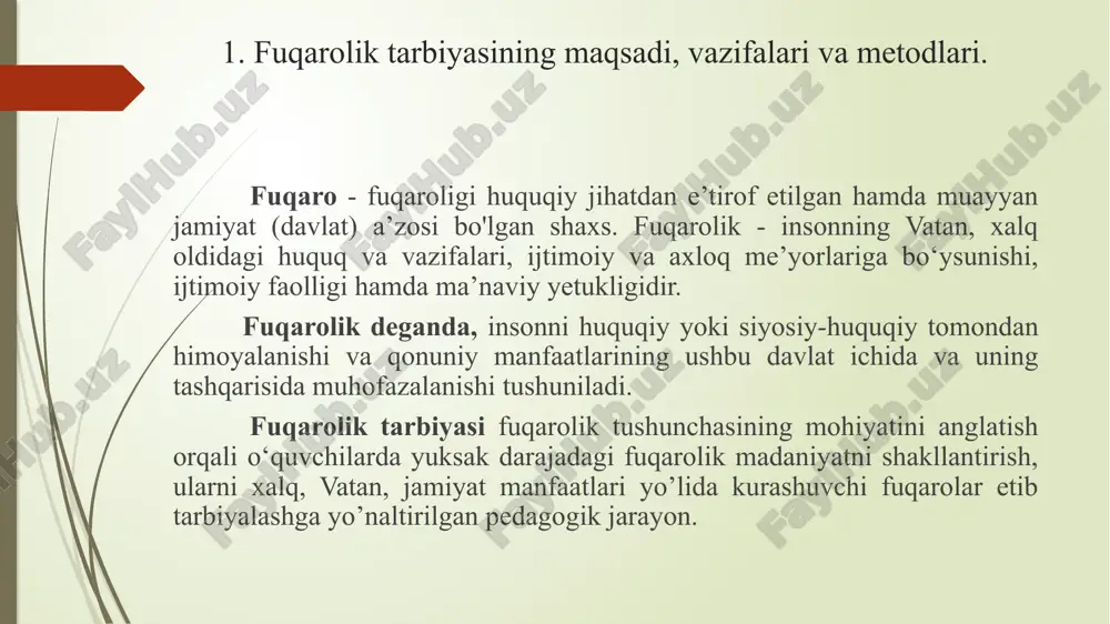 imiz konstitusiyasi, gerbi, bayrog‘i va madhiyasini yaxshi bilishi kerak. o‘quvchilarda shu ramzlarga chuqur hurmat-ehtirom tuyg‘ularini tarbiyalash tarbiyaviy ishlarimizning uzviy qismini tashkil etishi lozim. davlat ramzlarini o‘rganish pedagogik jihatdan to‘g‘ri tashkil etilsa, o‘quvchilarning huquqiy va axloqiy his-tuyg‘ulariga, vatanparvarlik qarashlariga yaxshi ta’sir ko‘rsatadi. bu borada o‘quvchilar bilan olib boriladigan jamoa tarbiyaviy ishlarining imkoniyatlari beqiyosdir. davlat gerbi, bayrog‘i, madhiyasi hamda o‘quvchilarning tashkilotlari ramzlari axloqiy, siyosiy, huquqiy mazmuni haqida uyushtirilgan xilma-xil munozaralar va suhbatlar shubhasiz samarali natijalar beradi. davlat ramzlari faqat ta’sirchan tarbiyaviy vosita bo‘lib qolmay, balki ta’limiy jihatdan ham muhim omillardandir. davlat gerbi va bayrog‘ining tasviri, davlat madhiyasining matni bilan tanishish jarayonida o‘quvchilarda davlat hokimiyati ramzlariga hurmat his tuyg‘usi qaror topadi. davlat ramzlarini o‘rganishda o‘quvchilarning yosh xususiyatlari albatta hisobga olinishi, mavjud darslik, uslubiy ko‘rsatma va qo‘llanmalardan o‘z o‘rnida foydalanish lozim. o‘zbekiston fuqarosi o‘z vatanini sevishi, xalqiga cheksiz sadoqatli bo‘lishi, o‘zbekiston respublikasining qonun va qoidalarini, ramzlarini yaxshi bilishi va ularga chuqur hurmat bilan munosabatda …