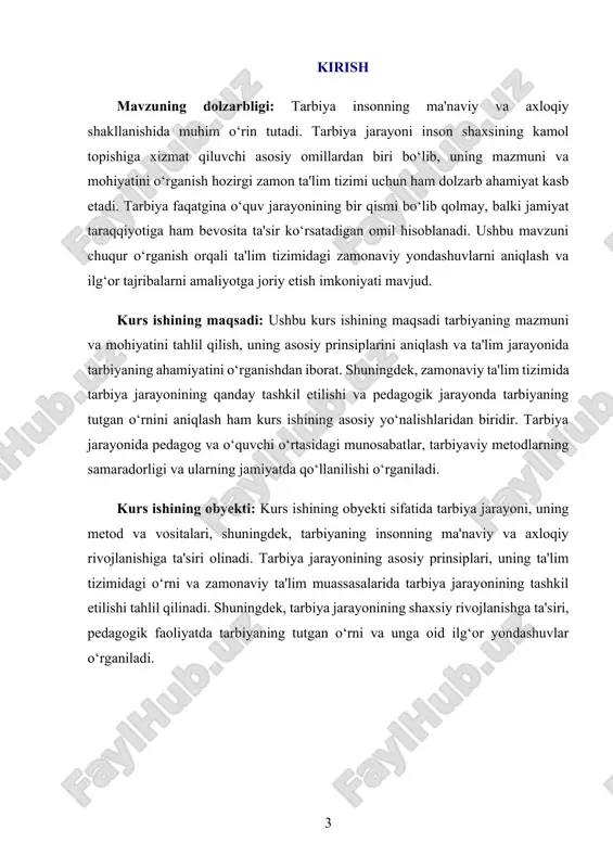 rakatlantiruvchi kuchi bo‘lib xizmat qiladi. ibn sino esa tarbiyani tibbiy va psixologik jihatdan o‘rganib, uning inson ruhiyatiga ta’sirini tahlil qilgan. navoiy esa o‘z asarlarida axloqiy tarbiyani inson kamoloti uchun eng muhim omillardan biri deb bilgan. g‘arb falsafasida esa tarbiya masalasiga turli davrlarda turlicha yondashilgan. aristotel tarbiyani insonning tabiiy imkoniyatlarini rivojlantirish vositasi deb bilgan bo‘lsa, kant uni axloqiy va aqliy yetuklik sari yo‘naltirilgan jarayon sifatida tushuntirgan. dyuarning pragmatizm falsafasi esa tarbiyaning amaliy ahamiyatini ta’kidlab, uni hayotiy tajriba orqali shakllantirish lozimligini ilgari surgan. tarbiya jarayoni falsafiy jihatdan inson tafakkurini rivojlantirish, ma’naviyatini yuksaltirish va uni ijtimoiy muhitga moslashishga tayyorlash bilan bog‘liq. bunda asosiy e’tibor insonning individualligini hurmat qilish va uning shaxsiy ehtiyojlarini hisobga olishga qaratiladi. har bir inson o‘ziga xos qobiliyat va iste’dodga ega bo‘lib, to‘g‘ri tarbiya orqali bu imkoniyatlarini namoyon qilishi mumkin. shu sababli tarbiya jarayonida insonning tabiiy xususiyatlari va qobiliyatlarini e’tiborga olish muhimdir. zamonaviy davrda tarbiya falsafasi yanada kengayib, unga yangi …