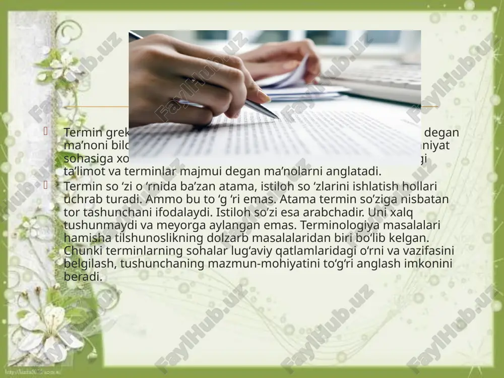 lar va leksik boyliklarni o‘rganish hamda insoniy meros sifatida ilmiy tahlilini olib borish bugungi kunda eng dolzarb masalalardan biridir. a.a.potebnya “keyingi ma’no” deb atagan va “u tilshunoslikning o‘rganish ob`ektiga kirmaydi, uni boshqa fanlar o‘rganadi”2 deb ko‘rsatilgan terminologik leksika uzoq davrlargacha alohida nominativ birlik, atama sifatida tilshunoslikda tadqiq qilinmadi. tilshunoslik fani rivojlanib, o‘z tadqiqot doirasini kengaytirgan sayin terminlarni o‘rganish uning eng muhim va tarkibiy qismlaridan biriga aylandi. hozirgi davrda terminlarni o‘rganish tilshunoslikning alohida sohasini – terminologiyani shakllantirdi.  ammo shuni ham aytish o‘rinliki, bu jarayonda ruscha va rus tili orqali kirib kelgan terminlarni o‘rinsiz, sun`iy ravishda yangi yasalmalar yoki arab va fors-tojikcha so‘zlar bilan almashtirish hollari ham kuzatiladi.  masalan, bankrot – sinish, buxgalter – hisobchi, gazeta – ro‘znoma, deputat – noib (xalq noibi), jurnal – majalla (jarida, oybitik, oynoma), institut – oliygoh, (ta’limgoh), klub - tomashagoh (tadbirgoh), kompensatsiya – tovon, medal – nishon, fakultet – kulliyot, kurs – bosqich, fonetika …