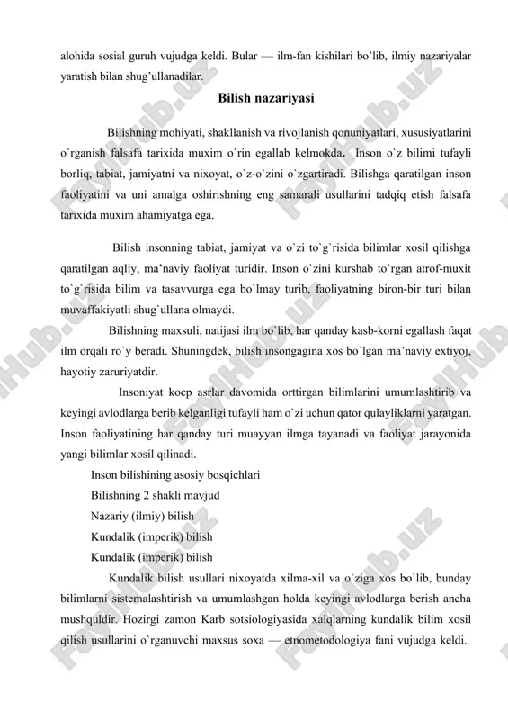 o`rganuvchi maxsus soxa — etnometodologiya fani vujudga keldi. bilish ob’ekti: тadkikotchi-olim, faylasuf, san’atkor va boshqalarning, umuman insonning bilimlar xosil qilish uchun ilmiy faoliyati qaratilgan narsa, hodisa, jarayon, munosabatlar bilish ob’ektlari xisoblanadi. bilish predmeti: sub’ektning bilish faoliyati qamrab olgan bilish ob’ektining ayrim soxalari va tomonlaridir. fanning o`rganish soxasi tobora konkretlashib boradi. bilish sub’ekti: bilish bilan shug`ullanuvchi kishilar va butun insoniyat bilish sub’ekti xisoblanadi. ayrim olingan tadqiqotchi-olimlar, ilmiy jamoalar, ilmiy tadqiqot institutlari ham aloxida bilish sub’ektlaridir. ilmiy bilish fakt va dalillarga, ularni qayta ishlash, umumlashtirishga asoslanadi. ilmiy fakt va dalillar to`plashning o`ziga xos usullari mavjud bo`lib, ularni ilmiy bilish metodlari deyiladi. ilmiy bilish metodlari xususiy ilmiy metodlar umumiy ilmiy metodlar eng umumiy ilmiy metodlar bilishning mohiyati, shakllanish va rivojlanish qonuniyatlari, xususiyatlarini bilishning mohiyati, shakllanish va rivojlanish qonuniyatlari, xususiyatlarini o’rganish falsafa tarixida muhim o’rin egallab kelmoqda. inson o’z bilimi tufayli borliq, tabiat, jamiyatni va nihoyat, o’z-o’zini o’zgartiradi. bilishga qaratilgan inson faoliyatini va uni …