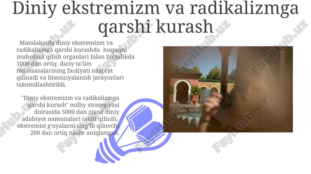 ib, bu diniy bilimlarni rivojlantirishga hissa qoʻshmoqda. yangi oʻzbekistonda 2016 yildan buyon diniy bagʻrikenglikni kuchaytirishga qaratilgan 10 dan ortiq qonun hujjatlari qabul qilingan boʻlib, bu islomning xalq madaniyatiga integratsiyasi jarayonini tezlashtirdi. fuqarolik jamiyati va diniy tashkilotlarning hamkorligi fuqarolik jamiyati vakillari bilan 15 dan ortiq diniy tashkilot o‘rtasida 2022-yilda 50 dan ziyod hamkorlik loyihalari amalga oshirildi, ijtimoiy muammolarni hal qilishga qaratildi. davlat dasturlari doirasida fuqarolik jamiyati va diniy tashkilotlarning hamkorligi natijasida 10 mingdan ortiq yoshlar diniy savodxonlik bo‘yicha treninglarni o‘tashdi. ayollarning diniy hayotdagi roli ayollar diniy ta’lim muassasalarida, jumladan, 15 dan ortiq islom universitetlarida va madrasalarida talaba sifatida o'qiyotganlar soni sezilarli darajada oshdi, bu ularning diniy bilimlarini chuqurroq o'rganish imkoniyatini beradi. so'nggi 5 yil ichida ayollar boshchiligidagi 30 dan ortiq diniy xayriya tashkilotlari ro'yxatdan o'tkazildi, bu ularning jamiyatdagi diniy va ijtimoiy hayotga faol qo'shilishini ko'rsatadi. zamonaviy diniy taʼlim va madrasalar 01 02 zamonaviy diniy taʼlim muassasalarida 20 dan ortiq yangi oʻquv …