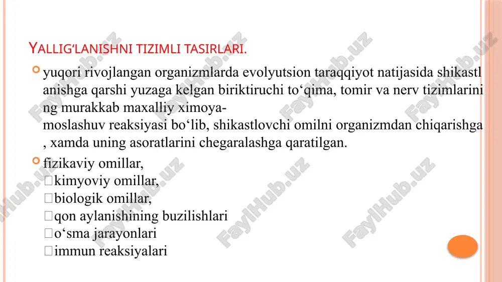klar bilan hastalanadi. insonda uchraydigan kasalliklarni 3ta guruhga bo‘lish mumkin: 1. ekologik determinatsiyalangan, 3. ham ekologik, ham genetik omillarga bog‘liq kasalliklar. masalan: semizlik, aslida birinchi guruh kasalligi hisoblanadi, lekin energetik metabolizm va to‘yish sezgisini boshqaradigan gen mavjudligidan, bu kasallikni ikkinchi guruhga ham kiritsa bo‘ladi. 3-guruhga yara kasalligi, qandli diabet, ateroskleroz, shizofreniya va bir qator raklarni kiritsa bo‘ladi, bularda tabiat omillari va oziqlanish asosiy o‘rin egallaydi. bitta genning mutatsiyaga uchrashi nasldan-naslga 3 xil ko‘rinishda o‘tib boradi: autosomali dominant, autosomali retsessiv va x-xromosomada joylashib. mendel qonunlari mendel qonunidagi barcha buzilishlar bir dona genning mutatsiyalanishidan amalga oshadi. yaqinda chop etilgan makkuzik (mckuzik) kitobida 5000 dan ortiq buzilishlar ko‘rsatilgan. har qanday inson tanasida 5-6ta zararli genlarga ega, lekin ularning aksariyati retsessiv bo‘lganligidan fenotipik jihatdan namoyon bo‘lmaydi. bu mutatsiyalarning 80-85% oilaviy bo‘ladi, qolgani kasallik oqibatida yangidan paydo bo‘lib boradi. marfan sindromi marfan sindromi, bu – tananing biriktiruvchi to‘qima kasalligi bo‘lib, skelet, ko‘zlar va yurak-tomir tizimi …