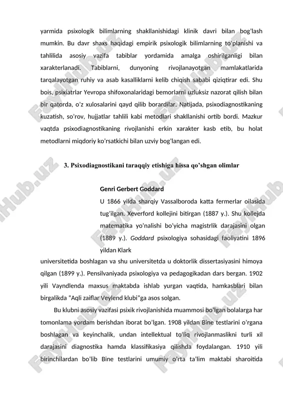 ktabi sharoitida ishlatgan. bundan tashqari u mazkur testni amerikaga kirib keluvchi immigrantlarni o’rganish jarayonida ham qo’llagan. 1917 yili harbiy xizmatga chaqiriluvchilar intellektini aniqlashda ishlatiladigan testni yaratuvchi amerikalik yetti psixologni biri bo’lgan. 1918 yil ogayodagi yoshlarni o’rganuvchi byuroni boshlig’i hamda 1922 yili ogayo universitetini professori lavozimida ishlagan. 1927 yilda u o’zining aqli zaiflikka doir bo’lgan ko’pgina xulosalari xatoligini tan olgan. shunga qaramasdan, goddard izlanishlarining testga doirlari, intellekt psixodiagnostikasini rivojlanishida ahamiyati katta bo’lgan. genri gerbert goddard 1957 yilda vafot etgan. lyuis medison termen 1877 yil indianada fermerlar oilasida tug’ilgan. indianadagi denvill markaziy kollejida ta’lim olgan va o’qituvchilik kasbini egallagan. indiana universitetidan bakalavr va magistr darajasini olgan. 1903 yil klark universiteti doktaranturasiga o’qishga kirib, doktorlik dissertasiyasini “psixologik test” (1905) mavzusida yoqlaydi. 1906 yildan boshlab los-anjelosdagi pedagogika kollejining professori bo’lgan. to’rt yil o’tganidan so’ng u stenforddagi universitetga o’qituvchilik lavozimiga taklif qilinib, bine shkalasini modifikasiyalash bilan shug’ullanadi. birinchi jahon urushi davrida armiyada qo’llaniladigan testlarni qayta …