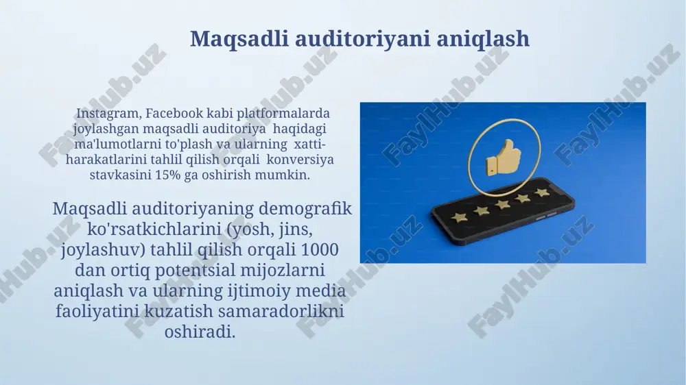 n on investment) ni o'lchash tizimini joriy etish va budjetni optimallashtirish zarur. analitik vositalardan foydalanish influencer marketing kampaniyalari samaradorligini baholash uchun, vositalar yordamida 100 ta influencerning o‘rtacha o‘zaro ta'sir ko‘rsatkichlarini (er) va konversiyalar sonini tahlil qilish imkoniyati mavjud. analitik vositalar, masalan, google analytics yordamida veb-saytingizga yo‘naltirilgan ijtimoiy media trafik miqdorini (masalan, 5000 dan ortiq) va konversiya stavkalarini aniqlash mumkin. roi (investitsiyalar daromadini) hisoblash ijtimoiy media marketing kampaniyalari samaradorligini baholashda roini hisoblashda konversiya stavkalari (masalan, 10% dan 20% gacha o'sish) va mijozlarni jalb qilish narxini hisobga olish muhim. roi hisob-kitoblarida har bir post yoki reklama uchun olingan "layk", sharh va ulashishlar soni kabi metriklarni tahlil qilish va ularni sarflangan mablag'lar bilan taqqoslash orqali samaradorlikni aniqlash mumkin. brend obro'sini kuzatish brend obro'sini kuzatishda ijtimoiy media monitoring vositalaridan foydalanish, masalan, brand24 yoki talkwalker, salbiy fikrlarni 30% ga kamaytirish va mijozlar munosabatlarini 15% ga yaxshilashga yordam beradi. ijobiy va salbiy fikrlar nisbatini (masalan, 70/30) …
