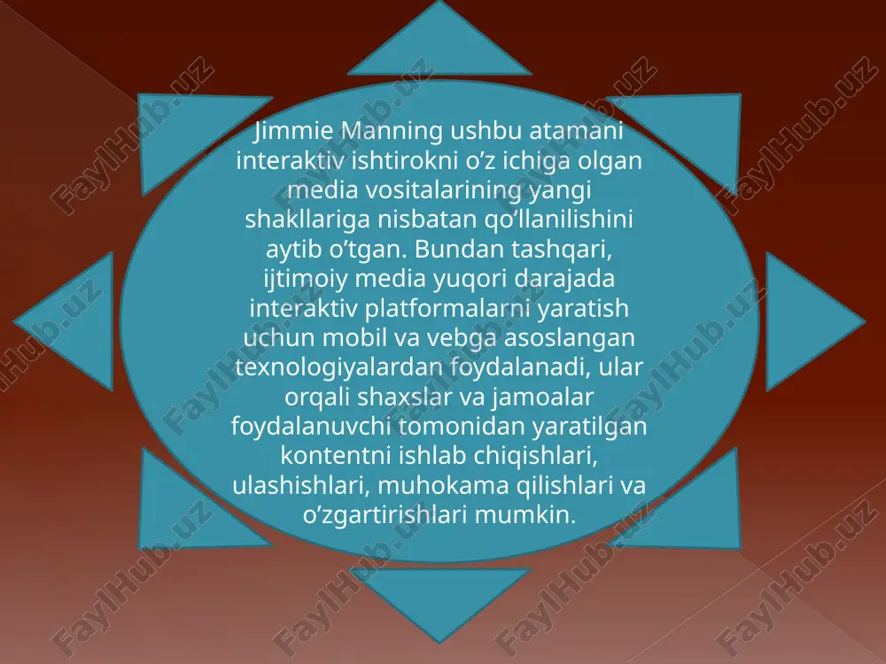 insonlarning mediada mavjud yoki yo’qligi hamda virtual dunyoda va/yoki real dunyoda qayerdaligini bilishni o’z ichiga oladi. virtual dunyoda bunday holat “mavjud” yoki “yashirin” kabi qatorlari orqali sodir bo’ladi. harakatda odamlarning ulanishi ortib borayotganligi hisobiga, mavjudlik funksiyasi haqiqiy va virtual hayotni bog’laydi. ba’zi mavjudlikka asoslangan platformalarda foydalanuvchilar o’zlari borgan lokatsiyani belgilashlari va bu orqali ularga ergashuvchilar ularni oson topishlari mumkin. e’tiboringiz uchun raxmat! image2.jpeg image3.jpeg image4.jpeg image5.jpeg image6.png image7.png