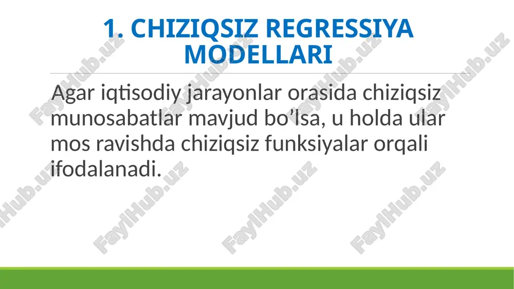 batan chiziqsiz regressiyalar funktsiyasi bilan ifodalanuvchi fillips egri chizig'ida a parametrning qiymati 0,00679 ga teng, bu ishsizlik darajasining o'sishi bilan ish haqining qo’shimcha o'sishi sur'ati nolga intilishini ko'rsatadi 2. omillarga nisbatan chiziqsiz regressiyalar giperbola: 3. baholanuvchi parametrlar bo'yicha chiziqsiz regressiyalar. so’ng ularni kabi belgilab olsak, tenglama: 3. baholanuvchi parametrlar bo'yicha chiziqsiz regressiyalar. so’ng ularni kabi belgilab olsak, tenglama: 3. baholanuvchi parametrlar bo'yicha chiziqsiz regressiyalar. tenglamani potentsiallash bilan quyidagi kelib chiqadi: 4. chiziqsiz regressiya uchun korrelyatsiya bu erda - y natijaviy belgining umumiy dispertsiyasi; – qoldiq dispersiya. 4. chiziqsiz regressiya uchun korrelyatsiya image1.png image2.png image3.png image4.png image5.png image6.png image7.png image8.png image9.png image10.png image11.png image12.png image13.png image14.png image15.png image16.png image17.png image18.png image19.png image20.png image21.png image22.png image23.png image24.png image25.png image26.png image27.png image28.png image29.png /docprops/thumbnail.jpeg