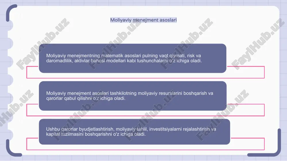 larni baholash va baholash modellari moliyaviy menejmentning matematik asoslari moliyaviy aktivlarning qiymatini aniqlashda hal qiluvchi rol o'ynaydigan aktivlar bahosi va baholash modellarini o'z ichiga oladi. ushbu modellar xavf, daromad, vaqt va aktivlar va ularning asosiy asoslari o'rtasidagi munosabatlar kabi turli omillarni hisobga oladi. ushbu modellardan foydalangan holda moliyaviy menejerlar investitsiya qilish, aktivlarni baholash va kompaniya yoki portfelning umumiy qiymatini baholash bo'yicha asosli qarorlar qabul qilishlari mumkin. moliyaviy menejmentda optimallashtirish usullari moliyaviy boshqaruvda optimallashtirish usullari hal qiluvchi rol o'ynaydi. ular foydani ko'paytirishga va xavflarni minimallashtirishga yordam beradi. moliyaviy qarorlarni optimallashtirish uchun turli matematik tamoyillar qo'llaniladi. ana shunday tamoyillardan biri bu chiziqli dasturlash bo‘lib, u moliyaviy muammolarni matematik tenglamalar sifatida shakllantirish va optimal yechimlarni topish uchun ularni yechishdan iborat. ushbu usul portfelni boshqarish va resurslarni taqsimlashda keng qo'llaniladi. yana bir muhim optimallashtirish usuli - bu investitsion portfellarni optimallashtirish. bu xatarlarni nazorat qilishda daromadni maksimal darajada oshirish uchun aktivlarning optimal aralashmasini topishni o'z …