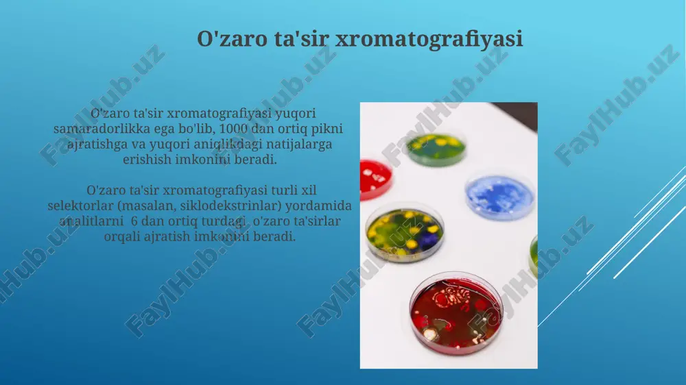 qlash imkonini beradi, bu esa uni farmatsevtika va oziq-ovqat sanoatida muhim qiladi. ion almashinuvi xromatografiyasi ion almashinuvi xromatografiyasi turli zaryadli ionlarni ajratish uchun ion almashuvchi qatlam (masalan, kuchli kislotali kation almashtiruvchi smolalar)dan foydalanadi va bu jarayon ph ning o'zgarishi yoki tuz konsentratsiyasining gradienti orqali boshqariladi. ushbu usul 10 ga yaqin komponentlarning aralashmasini ajratishga qodir bo'lib, analitlarning ionlashish darajasi va selektiv ion almashtiruvchi materiallarni tanlash muhim ahamiyatga ega. yuqori samarali suyuqlik xromatografiyasi (yuysx) yuysx yuqori bosimli nasoslardan foydalanadi, bu esa 10-50 mpa bosim ostida mobil fazani tez va samarali harakatlantirish imkonini beradi, natijada analitlarning tezroq ajratilishiga olib keladi. yuysx detektorlari, masalan, uv-vis detektorlari, analitlarni 190-800 nm to'lqin uzunligi diapazonida aniqlash imkonini berib, keng turdagi birikmalarni aniqlashga yordam beradi. gaz xromatografiyasi (gx) gaz xromatografiyasi (gx)da har xil birikmalarning qaynash temperaturasi farqlaridan foydalanib, aralashmalardagi komponentlarni ajratish mumkin, bu usulda detektorlar yordamida 10⁻⁹ gramm miqdoridagi moddalarni aniqlash imkoniyati mavjud. gaz xromatografiyasi (gx) ko'plab sohalarda, …