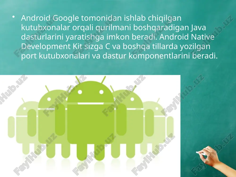ashinuvi; resource manager - xml, png, jpeg fayllari kabi resurslarga kirish; notification manager - holat satriga kirish; activity manager - faol dasturlarni boshqarish. android uchun ilovalarni ishlab chiqish java tilida (java 1.5 dan past bo'lmagan) amalga oshirilishi mumkin. eclipse uchun plagin mavjud - android development tools (adt), eclipse 3.3-3.7 versiyalari uchun mo'ljallangan. intellij idea uchun plagin ham mavjud bo'lib, u android ilovalarini rivojlantirishga yordam beradi va netbeans 7.0 versiyasidan boshlab, netbeans ide ishlab chiqish muhiti uchun hali rasmiy bo'lmagan bo'lsa-da, eksperimental bo'lishni to'xtatdi. bundan tashqari, android uchun motodev studiyasi - eclipse-ga asoslangan keng qamrovli rivojlanish muhiti, siz to'g'ridan-to'g'ri google sdk bilan ishlashingiz mumkin. androidning ustunliklari ochiqlik, undan foydali vazifalarni amalga oshirish uchun. internetga ulanmasdan dasturlarni o'rnatish. turli apparat tizimlari uchun mavjudligi. muqobil dastur do'konlar mavjudligi. ko'p foydalanuvchi qo'llab-quvvatlashi (android3 bilan). muqobil dasturiy ta'minotning mavjudligi. android operatsion tizimining nuqsonlari ba'zi android qurilmalarda kompaniya serverlarida identifikatsiya ma'lumotlarini uzatish imkoniyatini beruvchi google xizmatlari …