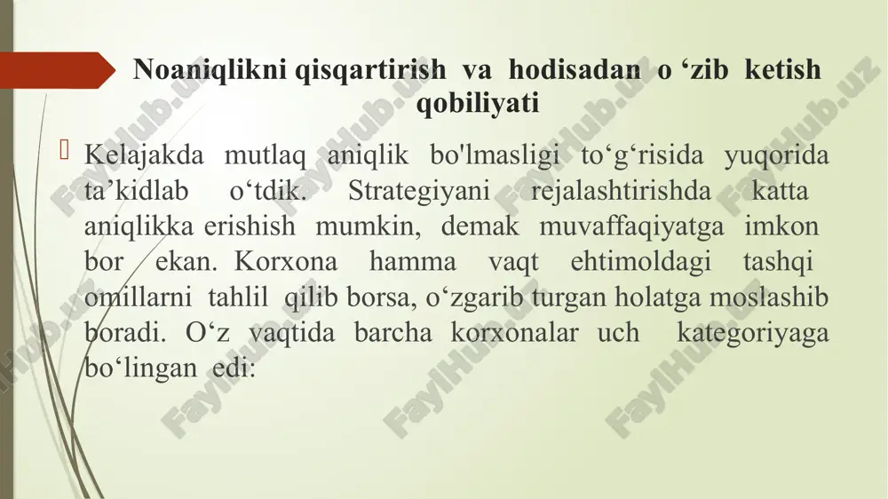 zi xohlagan strategiyani tanlay olmaydi. uning xarakatlari konun siyosati, ijtimoiy tartibot va jamiyat mavqei bilan chegaralanadi. таshqi omillar ijtimoiy, siyosiy sharoitlar va qonunchilik таrmoqning jozibadorligi, raqobat shartlari коmpaniya uchun imkoniyatlar va havf-xatarlar коmpaniyaning strategik vaziyati ayrim omillarning muhimligi va uning strategiyasiga ta’sir i haqida xulosa strategik tashabbuslarni identifikatsiyalash va bahilash vaziyatga mos strategiyani aniqlash ichki omillar kompaniyaning kuchli va zaif tomonlari shaxsiy nafsoniyat biznes falsafasi ahloqiy tamoyillar aksiyalarning qiymati va kompaniyaning madaniyati kompaniya strategiyasini belgilovchi omillar strategiyani ijtimoiy talablarga moslashtirish quyidagilarni nazarda tutadi: jamiyat manfaatlari va odob me’yorlari doirasida ishchanlik ko‘rsatish; ijtimoiy afzalliklar va jamiyat extiyojlariga ijobiy karab, o‘z faoliyatini tartibga solish; tartibga soluvchi me’yorlar bilan ziddiyatga bormaslik uchun zarur xarakatlarni o‘z vaktida amalga oshirish; xissadorlar va jamiyat manfaatlari o‘rtasida muvozanatni saqlash; strategiyani belgilashga katta ta’sir ko‘rsatadi. kompaniya strategiyasini ilgari shug‘ullanilmagan sohaga asoslab ko‘rish mutlako yaramaydi. strategiya kompaniyaning yaxshi anglangan sohasiga qurilishi lozim strategiyada xisobga olinishi lozim bo‘lgan va aslida …