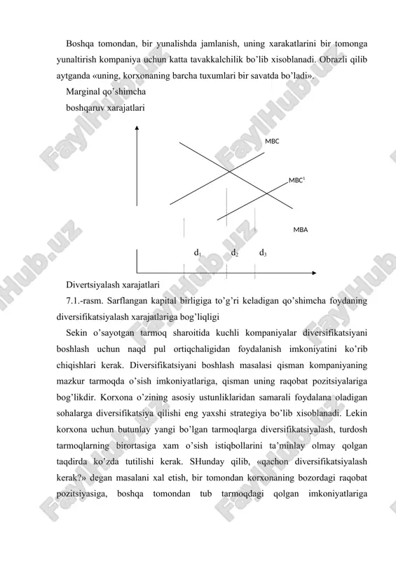 uchun) oldinga va orqaga vertikal integratsiyani ham o’z ichiga olishi mumkin. yana bir imkoniyat kompaniya faoliyatini diversifikatsiyalashdir. kompaniyaning o’sishi va rivojlanishi odatda uchta asosiy bosqichdan iborat: - milliy bozorda yakka biznesga ixtisoslashish; - vertikal integratsiya, yoki asosiy biznesdagi eng kuchli pozitsiya tomon global ekspansiya; - erkin resurslarni biznesning boshqa turiga investitsiyalash yuli bilan diversifikatsiyalash. bularning barchasi kompaniyaning o’sishiga olib keladi, ammo «diversifikatsiyalash darajasi» oshgan sari kamayuvchi qaytim «qonuni»ni nazarda tutish kerak. ma’lum bir nuqtadan so’ng ekstensiv diversifikatsiyalash, vertikal integratsiya va biznesning baynalminallashuvi sarflangan kapital birligiga to’gri keladigan daromadlarning kamayishiga olib keladi, chunki kompaniya birinchi navbatda eng daromadli qulay imkoniyatlarni amalga oshiradi, so’ngra eng kam daromad keltiruvchi imkoniyatlar qoladi, bu esa korxonaning o’sish imkoniyatlarini cheklab qo’yadi. buni 8-rasmda ko’rishimiz mumkin. diversifikatsiyalashni qo’llash diversifikatsiyalashning tub maqsadi aktsionerlar uchun qadriyatlar yaratish xisoblanadi. yagona korporativ tizimga birlashgan korxonalar guruxi ularning xar biri beradigan samaradan ko’proq samara bermas ekan, diversifikatsiyalash aktsiyalarning daromadliligini oshirmaydi. agarda «a» …