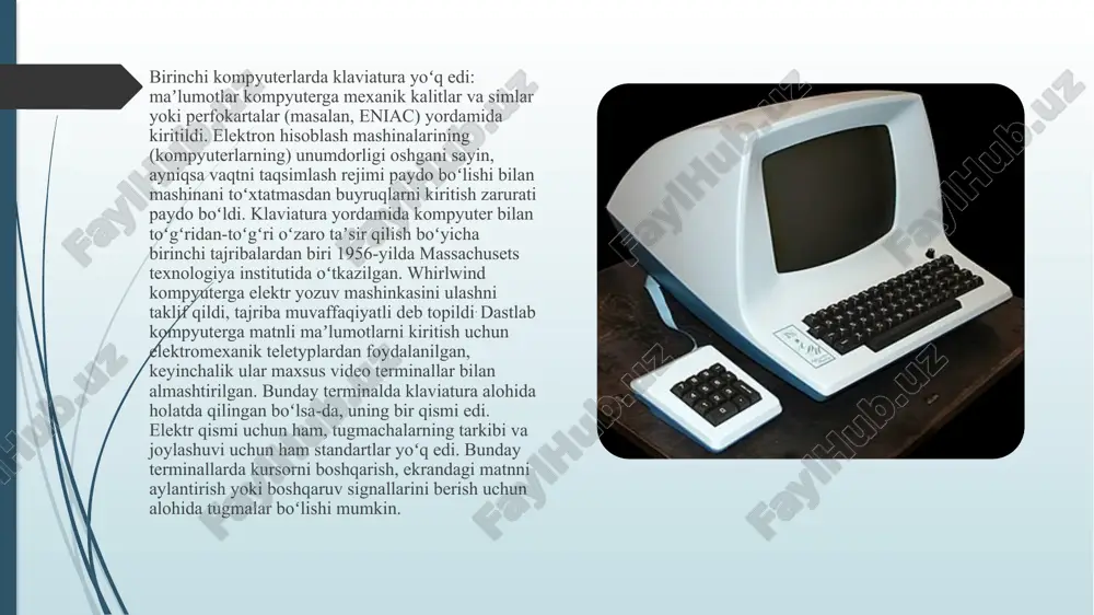 raqamli blok ustiga joylashtirish imkonini berdi. biroq, tartib biroz oʻzgardi: sysrq tugmasi qoʻshildi, raqam bloki asosiy harf-raqam blokidan ajratildi va baʼzi tugmalar boshqa joylarga koʻchirildi. tashqi oʻxshashlik va bir xil din ulagichidan foydalanishga qaramay, yangi klaviatura ibm pc va ibm pc / xt kompyuterlarining oldingi modellari bilan mos kelmadi — baʼzi klaviaturalarda ularga ulanish uchun maxsus kalit mavjud edi. klaviaturalarning keyingi avlodi 1986-yilda „model m[en]“ klaviaturasining joriy etilishi bilan boshlandi, u lokalizatsiyaga qarab 101 (aqsh) dan 106 (yapon) gacha boʻlgan tugmachalarni tashkil etdi va standart boʻldi. klaviaturalarning keyingi rivojlanishi m modelidan keldi: ulanish porti ps / 2 bilan almashtirildi va usb, windows va menyu tugmachalari qoʻshildi, baʼzi multimedia tugmachalarida. noutbuklar va ixcham klaviaturalar turli xil klaviatura tartibiga ega boʻlishi mumkin; baʼzi tugmachalarga fn modifikatori yordamida kirish mumkin, lekin koʻpchilik kompyuterlar ibm shaxsiy kompyuterlaridan olingan klaviaturalardan foydalanadi, apple klaviaturalari va bloomberg terminallari kabi maxsus ish stansiyalari klaviaturalari bundan mustasno. mavjud tugmachalarning …