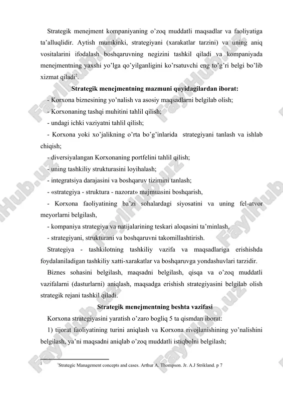yoki uni amalga oshirish usullariga to’zatishlar, yangi g’oyalar kiritish . kompaniya strategiyasining asosiy masalasi quyidagicha: «kompaniyamizni biz qanday tasavvur qilamiz, nima qilmoqchimiz va nimaga erishmoqchimiz ?» «biz kimmiz, nima qilyapmiz va qayoqqa ketyapmiz»- degan savolning javobi korxonaning yo’nalishini belgilab, kuchli o’ziga xoslikni ishlab chiqish imkonini beradi. kompaniya nima qilayotgani va nima qilmoqchi ekanligi kompaniyaning missiyasini anglatadi. menejer o’z kompaniyasining bozordagi o’rnini qanday tasavvur qilishi esa kompaniyaning strategik ko’rishini shakllantiradi. 1-rasm. strategik menejmentning mazmuni menejerlarning asosiy funktsiyasi quyidagilardan iborat: rejalashtirish tashkil etish motivatsiya nazorat qilish aniq maqsadlarni belgilash kompaniya missiyasining umumiy ta’rifidan ishning aniq rejalariga o’tish imkonini beradi. qo’yilgan maqsad biz istagan natijadan iborat bo’ladi. agar yaxshi natijalarga erishmoqchi bo’lsangiz o’z oldingizga yaxshi maqsadlar qo’ying. maqsadlar qisqa muddatli va o’zoq muddatli bo’ladi. maqsadlar yana moliyaviy va strategik bo’ladi. moliyaviy maqsadlar majburiydir, chunki, moliyaviy mablag’lar yetishmasa kompaniya tang axvolga tushib qoladi. strategik maqsadlar kompaniyaning bozordagi raqobat mavqeini kuchaytirishga qaratiladi. moliyaviy maqsadlar foyda …