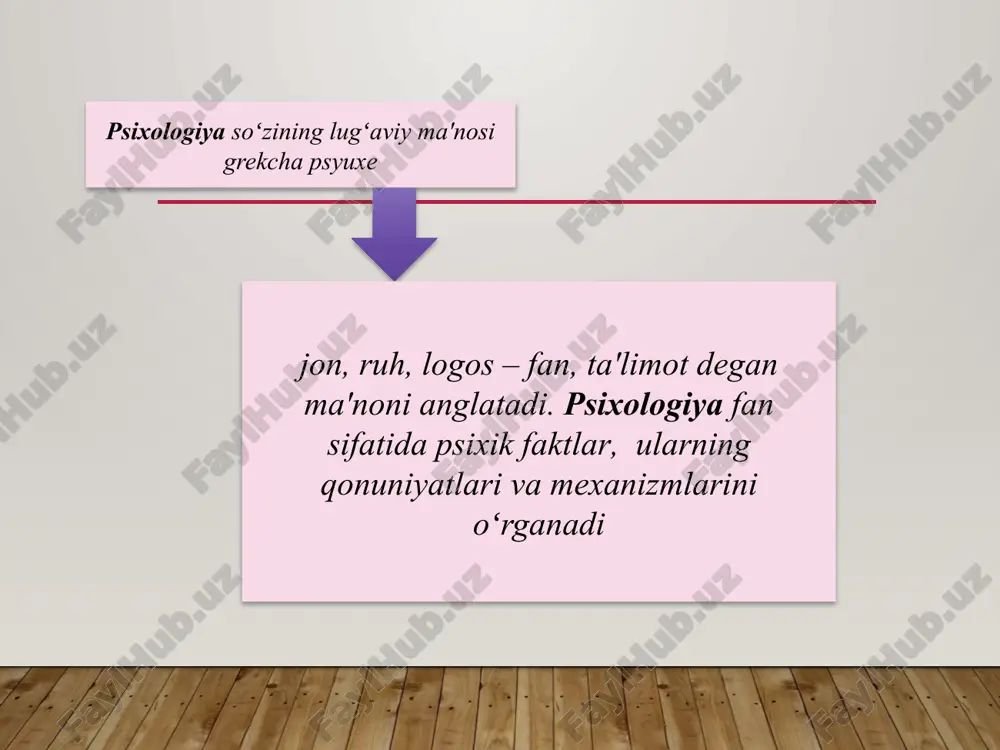 . rossiya psixologiyasi-ning asosida aks ettirish nazariyasi asosiy qonuniyat sifatida koʻrsatiladi. xix asrdan boshlanadi. psixologiyaning vazifasi koʻrgan narsalarni bevosita kuzatish, aniqrogʻi inson hulq-atvorini faoliyatini reaksiyasini kuzatish deb hisoblangan. bunda motivlarning oʻrni hisobga olinmagan. 14 psixologiya fanining ilmiy asosga qurilishida ingliz olimi gobbs (1588-1679) ruhni mutlaqo rad etib, mexanik harakatni yagona voqelik deb tan olib, uning qonuniyatlari psixologiyaning ham qonuniyatlari ekanligini ta'kidladi. 15 niderlandiyalik olim spinoza (1632-1677) ongni katta koʻlamga ega materiyadan sira qolishmaydigan voqelik, ya'ni yaqqol narsa deb, tushuntirdi. u determinizm (lotincha demmerminara - belgilayman) tamoyilining, ya'ni tabiat, jamiyat hodisalarining, shu jumladan psixik hodisalarning ob'ektiv sabablar bilan belgilanligi haqidagi ta'limot targʻibotchisi edi. 16 ingliz tadqiqotchisi charlz bell va fransuz fransua majandi yoyiluvchi va harakat nervlari oʻrtasidagi tafovutni ochib berdi. uning negizida psixologiya fanida reflektor yoyi degan yangi tushuncha paydo boʻldi. bularning natijasida ixtiyoriy (ongli) va ixtiyorsiz (ongsiz) reflektor turlari kashf qilindi 17 18 психика юксак даражада ташкил топган материянинг алоҳида …