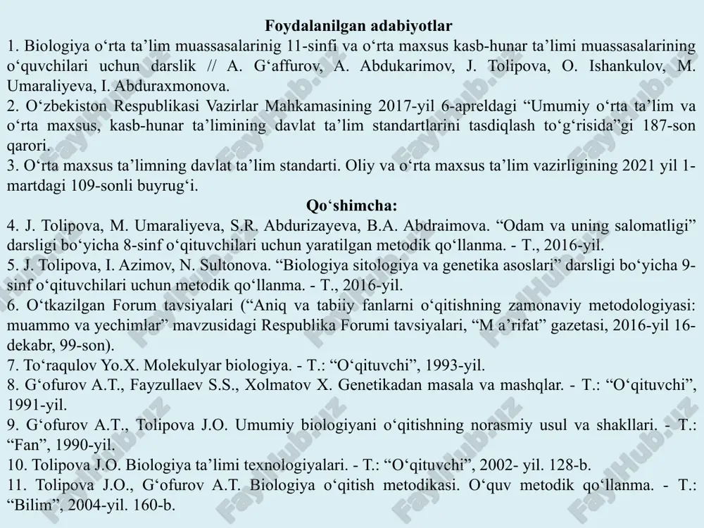 atf, xlorofill, vitaminlar tarkibiga kiradi. nuklein kislotalar, atf, fermentlar, suyak to‘qimasi tarkibiga kiradi. suyak to‘qimasi tarkibiga kiradi, qonning ivishi, muskullar qisqarishini ta’minlaydi. xlorofill molekulasi tarkibiga kiradi, energiya almashinuvi va dnk sintezini faollashtirishda koferment sifatida ishtirok etadi. nerv impulslarini o‘tkazishda ishtirok etadi va hujayraning osmotik bosimini ta’minlaydi. gemoglobin, mioglobin oqsillari tarkibida o2 transportini ta’minlaydi. kaliy (k) nerv impulslarining o‘tishi, o‘simliklarning rivojlanishini, yurak ishining me’yorida o‘tishi, qonning normal ivishini ta’minlovchi omil oltingugurt (s) sistein, sistin, metionin aminokislotalari tarkibiga kiradi, oqsillarning uchlamchi strukturasida disulfid bog‘ hosil qiladi xlor (cl) oshqozon shirasi tarkibiga kiradi. mikroelementlar yod (i) qalqonsimon bez gormonlari tarkibiga kiradi mis (cu) umurtqasiz hayvonlar qonidagi gemosianin tarkibida kislorod tashish funksiyasini bajaradi. ayrim fermentlar tarkibiga kiradi. kobalt (co) b 12 vitamini tarkibiga kiradi. ftor (f) tish emali tarkibiga kiradi. rux (zn) dnk-polimeraza va rnk-polimeraza fermentlari, insulin gormoni tarkibiga kiradi. hujayra tarkibiga kiruvchi birikmalarni ikki guruhga: anorganik moddalar va organik moddalarga birlashtirish mumkin. hujayraning …
