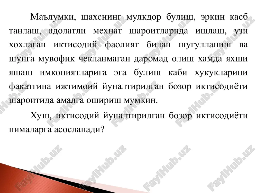 odiyotni tarkibiy jihatdan o‘zgartirishni chuqurlashtirish; ishlab chiqarishni modernizatsiyalash va diversifikatsiyalash; institutsional o‘zgarishlarni davom ettirish; zamonaviy rivojlangan ishlab chiqarish, bozor va ijtimoiy infratuzilmani shakllantirish; inson kapitali sifatini oshirish. n a t i j a l a r i muvozanat-lashgan iqtisodiyot-ni shakl-lantirish izchi yuqori o’sish sur’atlarini ta’minlash aholi darajasi va sifatini oshirish * 1 5 3 4 moliyaviy xizmatlar hajmini kengay-tirish, fond bozorini rivojlantirish davlat byudjetining barcha darajalarida muvozanatligini ta'minlash bank tizimini isloh qilishni chuqurlashtirish va barqarorligini oshirish pul-kredit siyosatini yanada takomillashtirish, valyutani tartibga solishda zamonaviy bozor mexanizmlarini bosqichma-bosqich joriy etish makroiqtisodiy muvozanatlikni saqlash soliq yukini kamaytirish va soliqqa tortish tizimini soddalashtirish siyosatini davom ettirish 6 2 * mamlakatimiz oziq-ovqat xavfsizligini yanada mustahkamlash, agrar sektor eksport salohiyatini oshirish ekin maydonlarini yanada maqbul-lashtirish, unda oziq-ovqat ekinlari turlarining ulushini oshirish qishloq xo‘jaligi ekinlarining yangi seleksiya navlarini yaratish fermer xo‘jaliklari, avvalambor, ko‘p tarmoqli fermer xo‘jaliklarini rag‘batlantirish va rivojlantirish dehqon tomorqa xo‘jaliklari imkoniyatlaridan samarali foydalanish qishloq …
