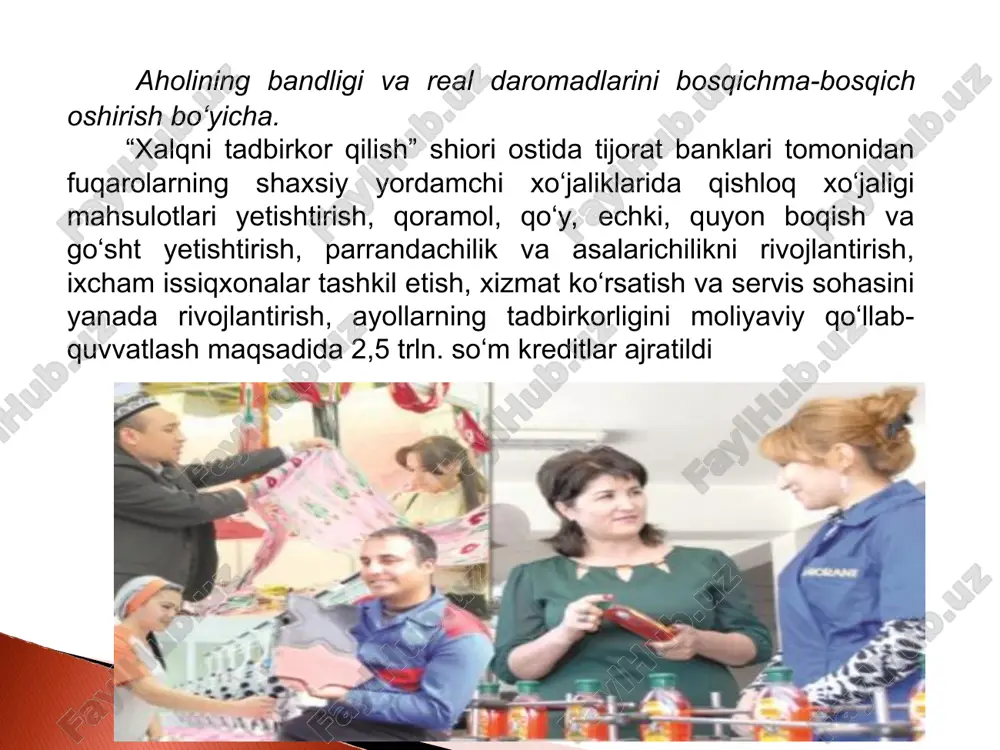 n birgalikda “mahallaning eng namunali tadbirkor ayoli” tanlovining mahallalararo va tuman (shahar) bosqichlarini o‘tkazish nizomi ishlab chiqildi. joriy yilning iyun oyida har bir mahallada tanlov o‘tkazilib, bittadan eng yaxshi deb topilgan biznes loyiha tanlab olinadi. tuman (shahar) bosqichi iyul-avgust oyida o‘tkazilishi belgilangan. “tadbirkor qizning eng yaxshi loyihasi-2017 yil” tanlovini o‘tkazish to‘g‘risida qo‘shma qaror 2017 yil 20 mart kuni imzolandi. tanlovning nizomi, tashkiliy ishchi guruh a'zolari shakllantirildi. aholini ijtimoiy himoya qilish va sog‘liqni saqlash tizimini takomillashtirish. mazkur bo‘limda 2017 yilda amalga oshirilishi nazarda tutilgan maqsadlar uchun hisobot davrida 37,0 mlrd. so‘m (5%) va 9,2 mln. aqsh dollari (9%) yo‘naltirildi. qoraqalpog‘iston respublikasi, viloyatlar va toshkent shaxridagi 9 766 ta fuqarolarning o‘zini o‘zi boshqarish organida fuqarolar yig‘ini raisining o‘rinbosari – keksalar va faxriylar ishlari bo‘yicha maslahatchilari saylovlari o‘tkazilmokda. bugungi kungacha 1 371 ta mahallada fuqarolar yig‘ini raisining o‘rinbosari – keksalar va faxriylar ishlari bo‘yicha maslahatchilari saylangan. saylov jarayonlari davom etmoqda. 978 nafar pensiya …