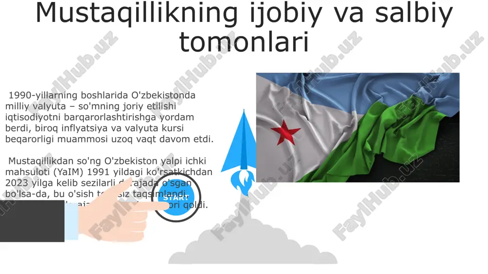 ning bozor iqtisodiyotiga oʻtish jarayoni asta-sekin amalga oshirildi va inflyatsiya darajasi sezilarli darajada yuqori boʻldi, ba'zi yillarda ikki xonali raqamlarni tashkil etdi, bu esa aholining turmush darajasiga salbiy ta'sir koʻrsatdi. tashqi siyosat va xalqaro munosabatlar mamlakatning “yumshoq quvvat” diplomatiyasi orqali 2000-yillardan buyon madaniy almashinuv va iqtisodiy hamkorlik orqali mintaqaviy ta’sirini kuchaytirdi. oʻzbekiston bmt xavfsizlik kengashining saylangan a’zosi boʻlib, xalqaro tashkilotlarda faol ishtirok etadi va 5 ta mintaqaviy tashkilotga a’zo. 06 05 04 oʻzbekistonning mintaqadagi roli va ahamiyati 01 02 oʻzbekistonning afgʻoniston, qozogʻiston va tojikiston kabi qoʻshni davlatlar bilan 10 dan ortiq ikki tomonlama shartnomalari mintaqaviy barqarorlik va xavfsizlikni taʼminlashda muhim hissa qoʻshadi. mamlakatning strategik geografik joylashuvi va boy tabiiy resurslari (gaz, mis, oltin) mintaqadagi savdo yoʻllarini boshqarish va mintaqaviy energetika xavfsizligiga taʼsir koʻrsatishda muhim ahamiyat kasb etadi. xavfsizlik va mudofaa masalalari oʻzbekiston mustaqilligining dastlabki yillarida qurolli kuchlarning shakllanishi 1991-yildan 1995-yilgacha boʻlgan davrda 100 000 dan ortiq harbiy xizmatchilarni oʻz ichiga …