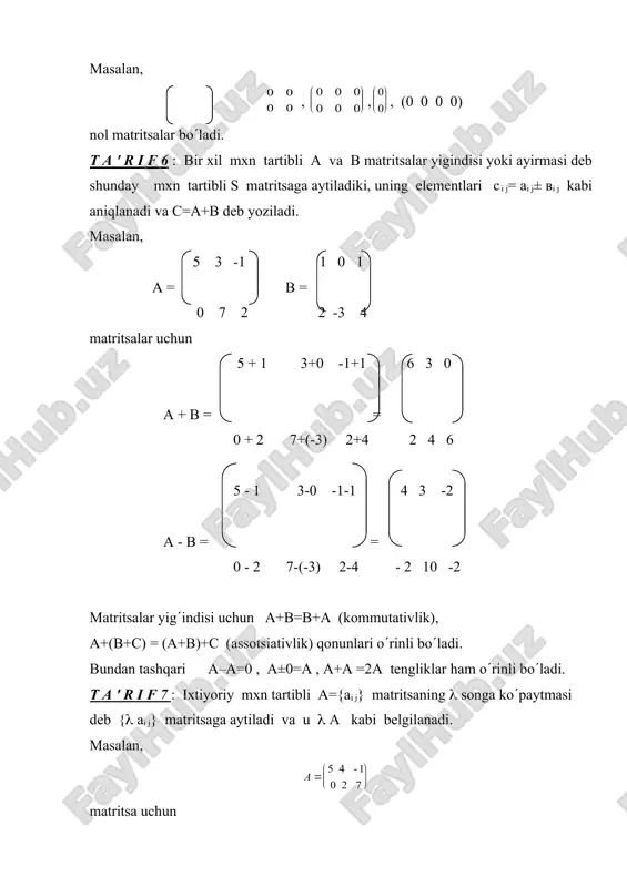 2х2 = 1 2 4 5 , matritsalar uchun m=3, р=q=2, n=2 bo’lgani uchun ularni ko(paytirish mumkin va ав=с3х2 matritsa quyidagicha bo(ladi: 3·6+1·1 3·(-4)+1·2 19 -10 с3х2 = 0·6+(-2)·1 0·(-4)+(-2)·2 = -2 -4 4·6+5·1 4·(-4)+5·2 29 -6 matritsalar ko(paytmasi uchun ав(va, ya'ni kommutativlik qonuni o(rinli bo(lmaydi. ammo а(вс)=(ав)с (assotsiativlik), а(в+с)=ав+ас, (а+в)с=ас+вс distributivlik qonunlari bajariladi. bundan tashqari ае=еа= а, а(0=0(а=0, (( а)в=а (( в ) tеngliklar ham o(rinli bo(ladi. ma’ruza nixoyasida matritsalarning iqtisodiy ma'nosi va tadbiklarini ifodalovchi misollarni kеltiramiz. 1-misol. aloxida iqtisodiy tarmoklar o(rtasida ishlab chiqarish rеsurslari taksimoti jadvali quyidagicha bеrilgan bo(lsin.(umumiy xajmga nisbatan foiz hisobida, rakamlar shartli) rеsurslar iqtisodiy tarmoklar sanoat kishlok xo(jalik boshqa tarmoklar 1.yokiлги 45 30 25 2. elеktr enеrgiyasi 53 27 20 3. mеxnat rеsurslari 38 21 41 4. suv rеsurslari 40 48 12 bu jadvalni matritsa yordamida quyidagi qulay ko0(rinishda ifodalash mumkin: bu yozuvda a matritsa xar bir elеmеnti aniq ma'noga ega. masalan, а11=45 sanoat tarmoqlari …