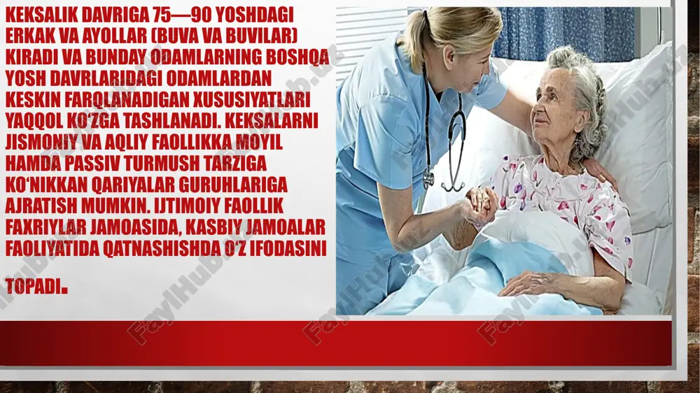 tqning tuzilishiga bo‘ysunmay qoladi. psixologiyada qariyalarda aqdiy faollikni o‘rganishda korrek- sion sinov va krepylin sinovidan foydalaniladi. kamolotning umumiy modeli u.shayening uch omilli variantlari yordamida yaratiladi. hozirgi zamon psixologiya fanida keksalikni uchta tomondan: ontogenez psixologiyasi, psixogerontoloshya va tibbiyot psixoloshyasi yo‘nalishlarida o‘rganish zarur ma’lumotlar to‘plash imkoniyatini bermoqda. soglom qariyalarda donishmandlyk umrning oxirgi nafasiga qadar saqdanishi tajribalarda qayd qilindi. psixopatologik qolatlar barcha qariyalar uchun majburiy bosqich emasligi ham tasdiqdangan. keksalik davrida, umuman aellar bilan erkaklar o‘rgasidagi donishmandliqda farq mavjud bo‘lsa ham, lekin qariyalar orasidash donishmandlik, donolik xislatlari ham ikkala jinsga xosdir. shuning uchun ikkala jins o‘rtasida biologik qarishda tafovut mavjud bo‘lsa-da, lekin ruhiy jihatdan zaiflashuv jarayonida o‘zaro yaqinlik hukm suradi. g.leman o‘z tadqiqotlarida ijodiy faollikning o‘ziga xos ko‘rinishlarini yozuvchi misolida o‘rgangan. muallif hind yozuvchisi r.tagorning ijodiyotini tahlil qylib, uning ijod cho‘qqisi 69 yoshda bo‘lganini aniqdagan (yozuvchilar ijodiyot cho‘qqisi 34 yoshda, 43 yoshda ham uchraydi). r.tagorning 25 yoshida yozgan “kslin” she’ri bilan 78 yoshida …
